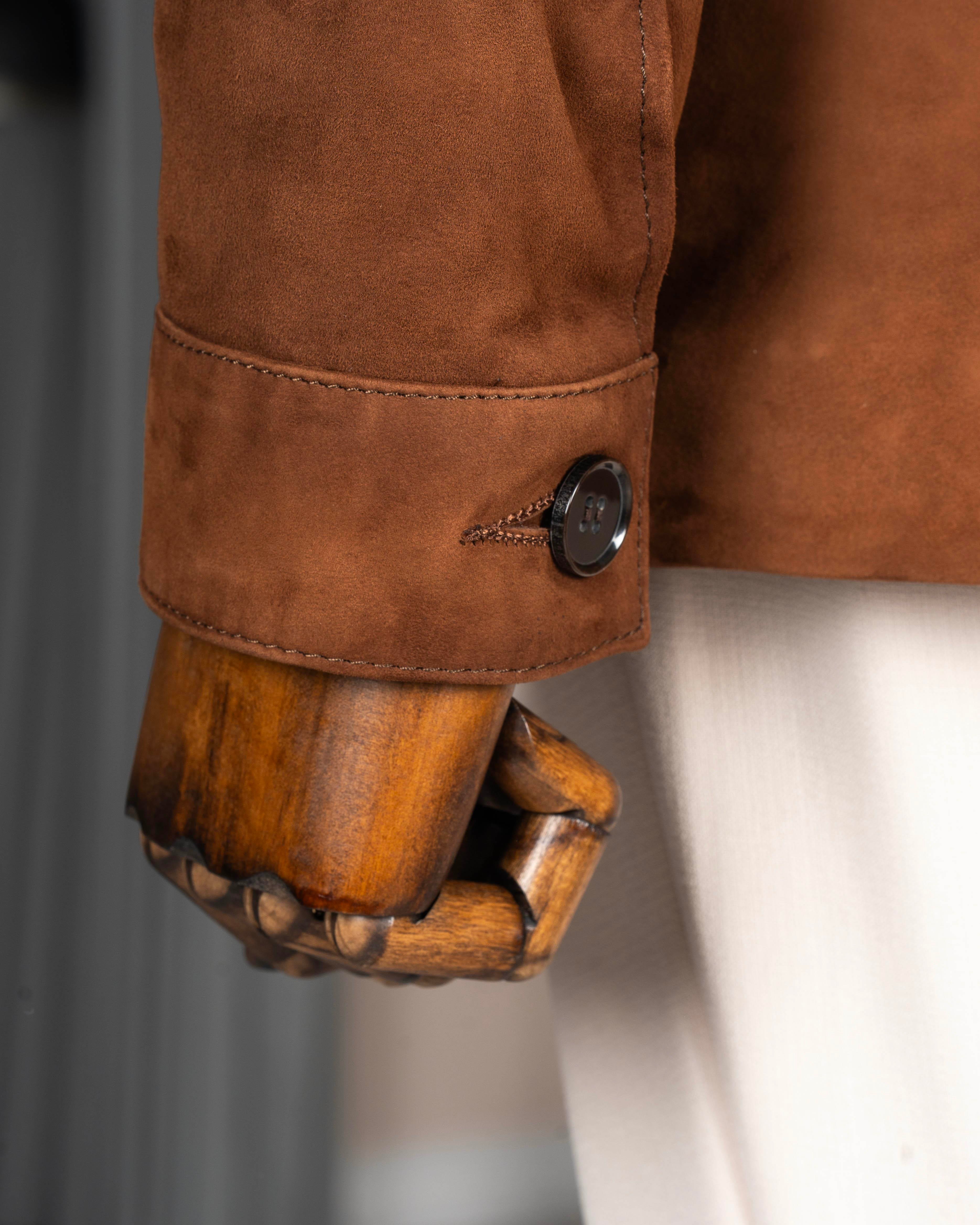 Itayan stil slim fit düğmeli orijinal süet deri mont taba T11819