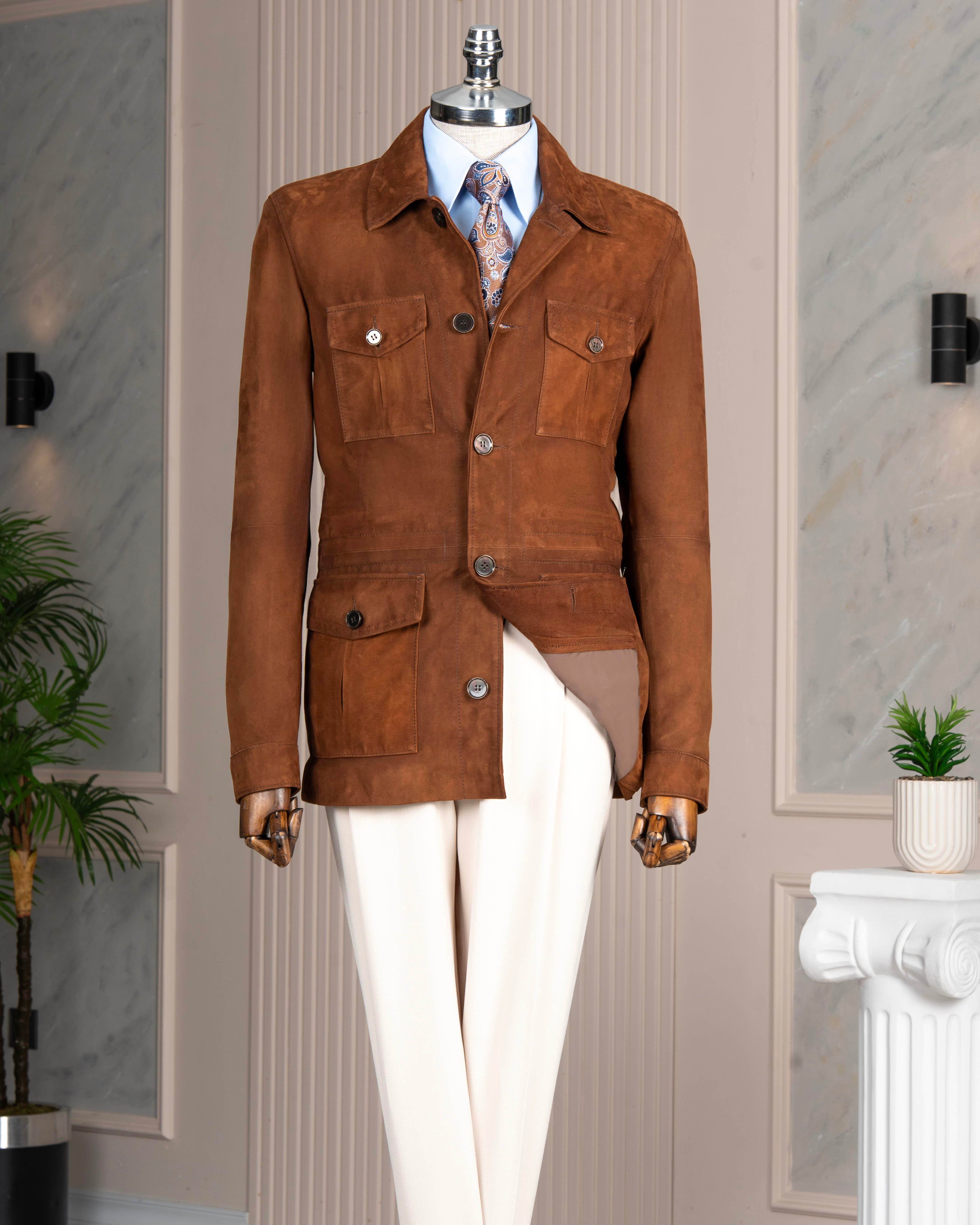 Itayan stil slim fit düğmeli orijinal süet deri mont taba T11819