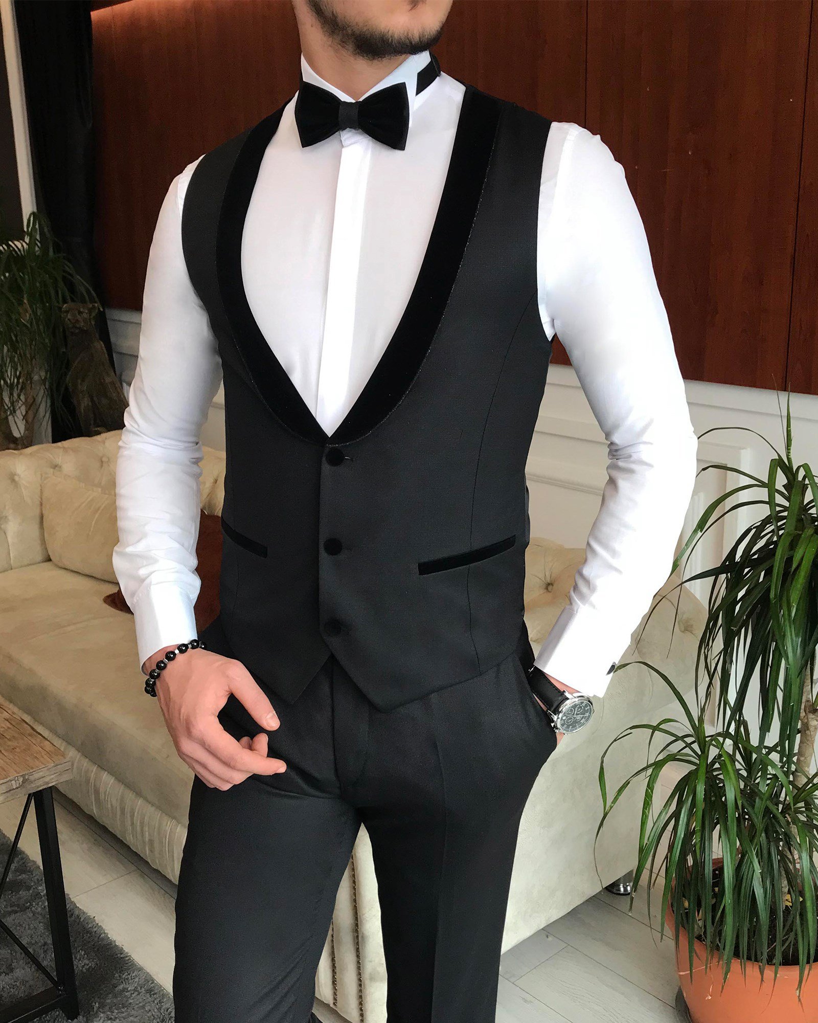 Klasik kesim ceket yelek pantolon battal damatlık set Siyah T6324
