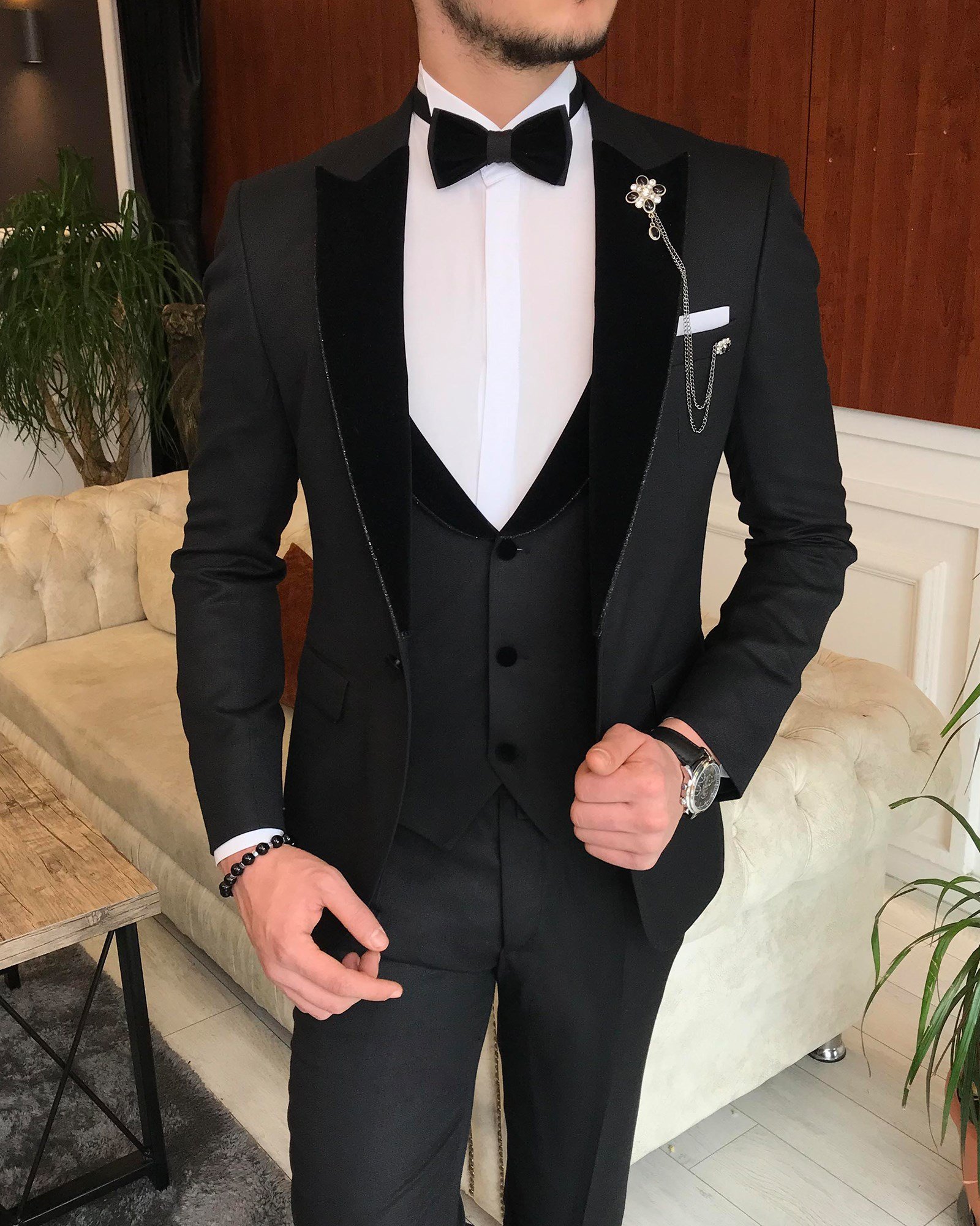 Klasik kesim ceket yelek pantolon battal damatlık set Siyah T6324