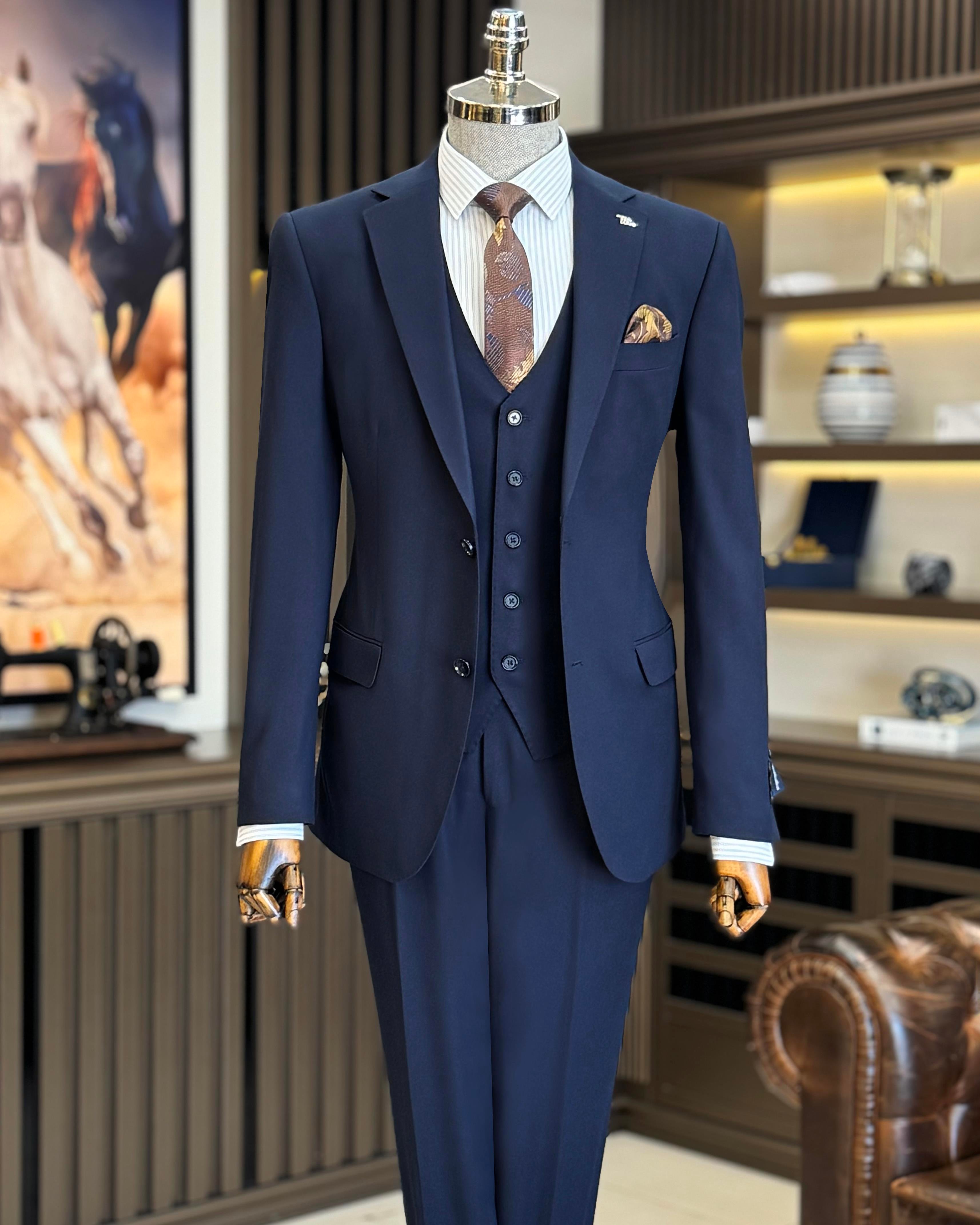 Classic cut jacket vest trousers men's suit navy blue T11103