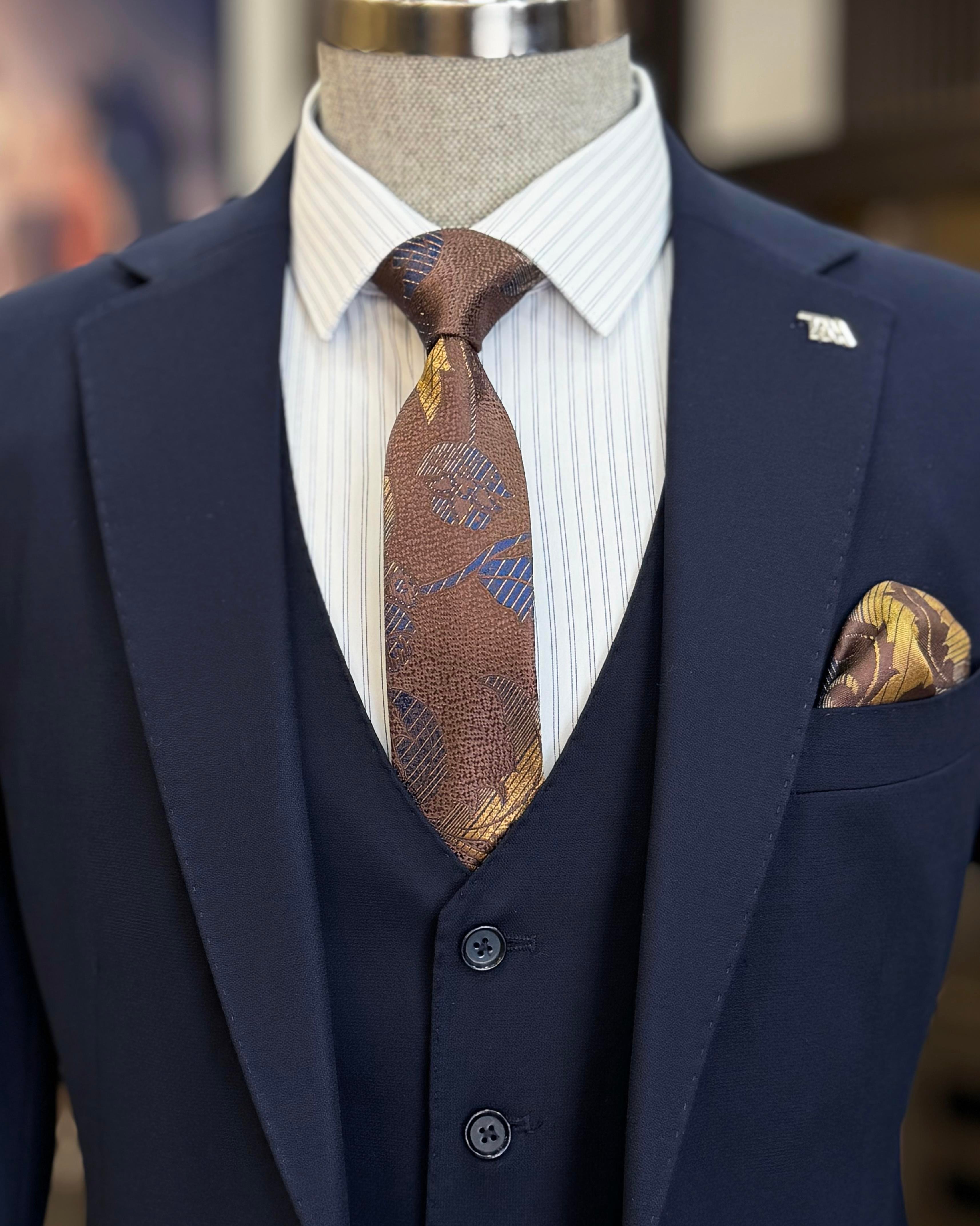 Classic cut jacket vest trousers men's suit navy blue T11103