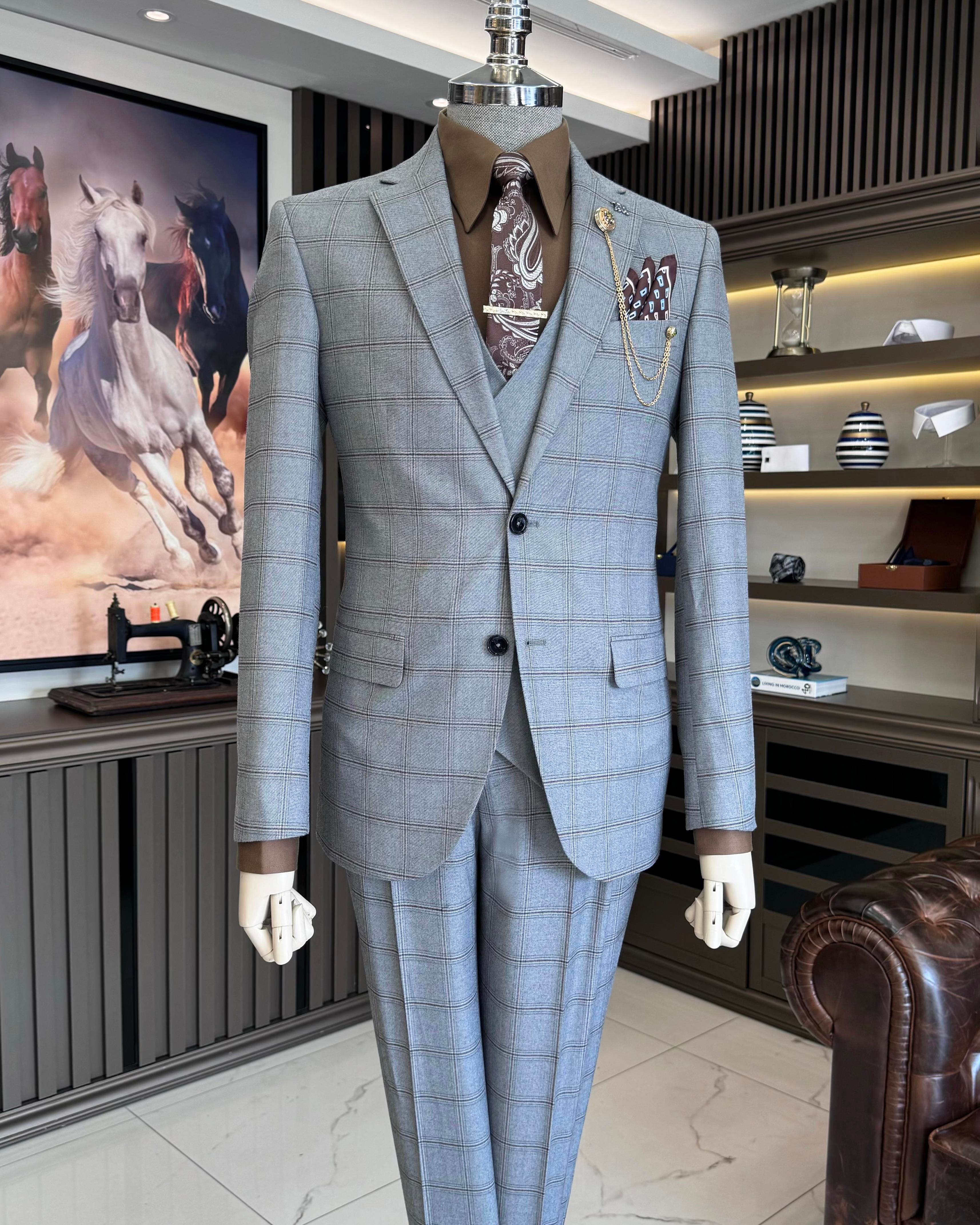  Italian style plaid jacket vest trousers men's combination suit gray T11284