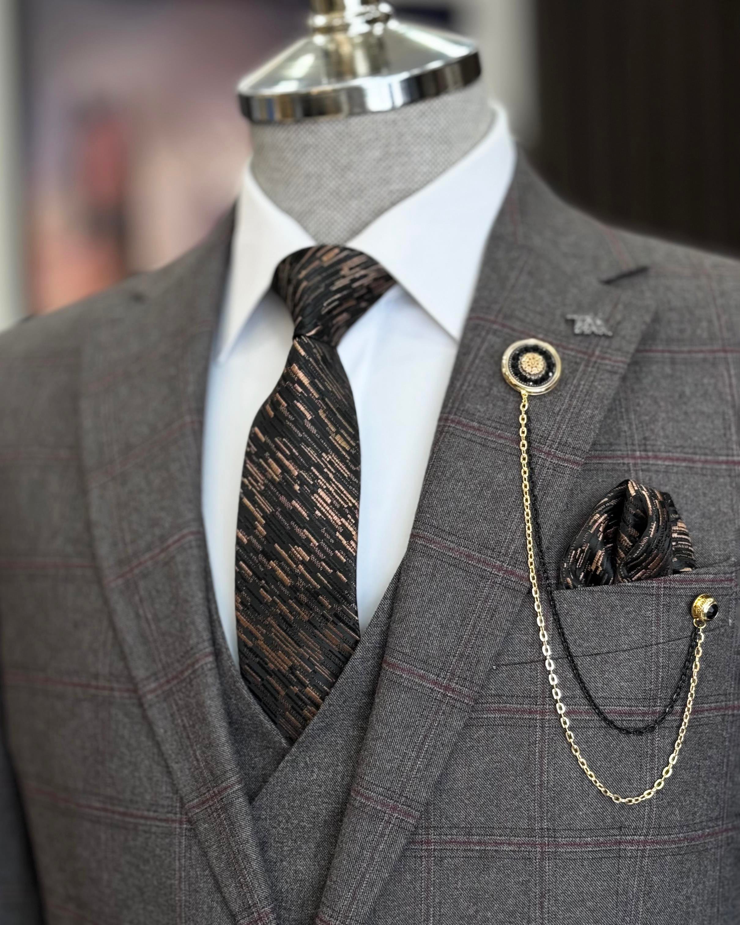Italian style plaid jacket vest trousers men's combination suit brown T11286