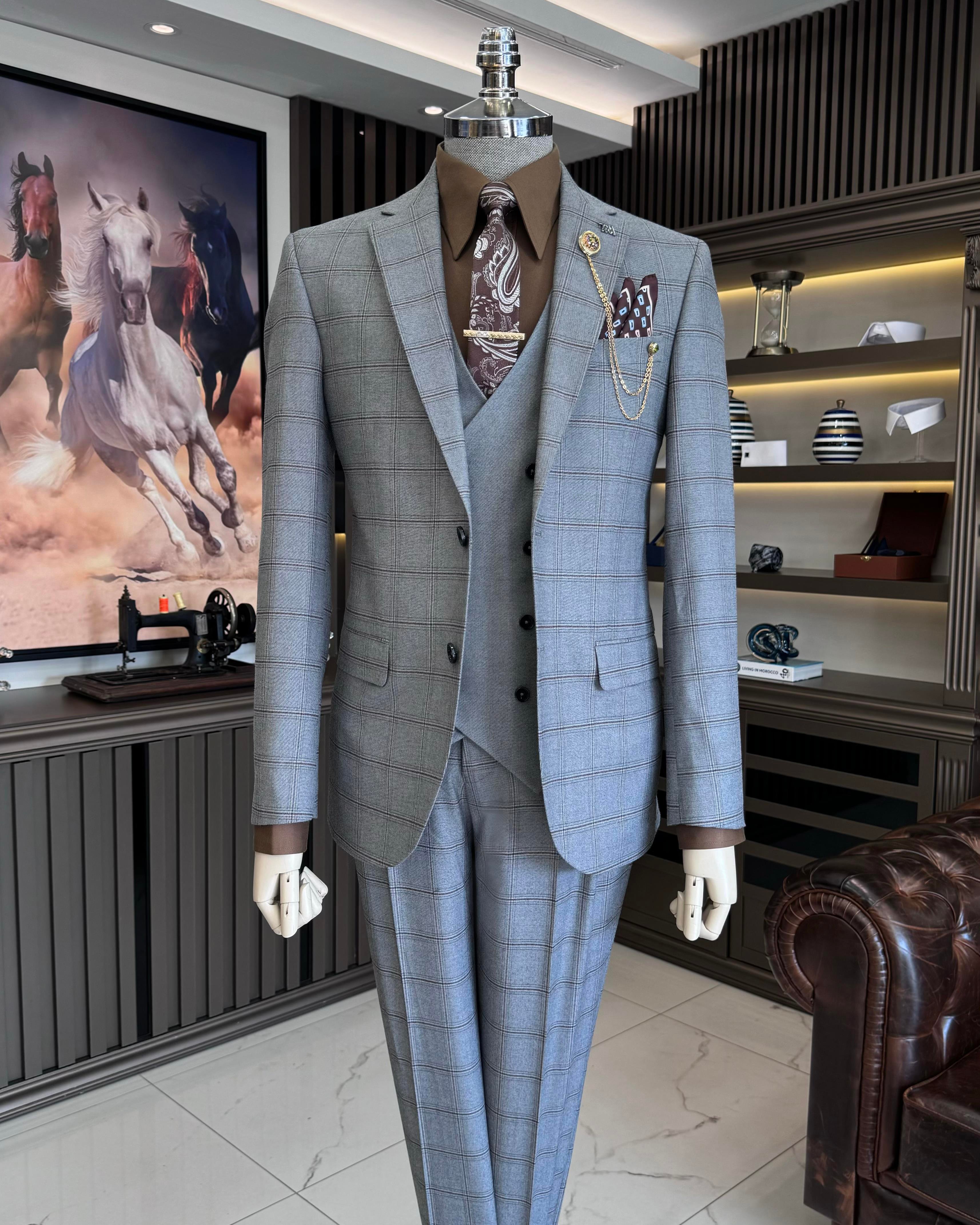  Italian style plaid jacket vest trousers men's combination suit gray T11284