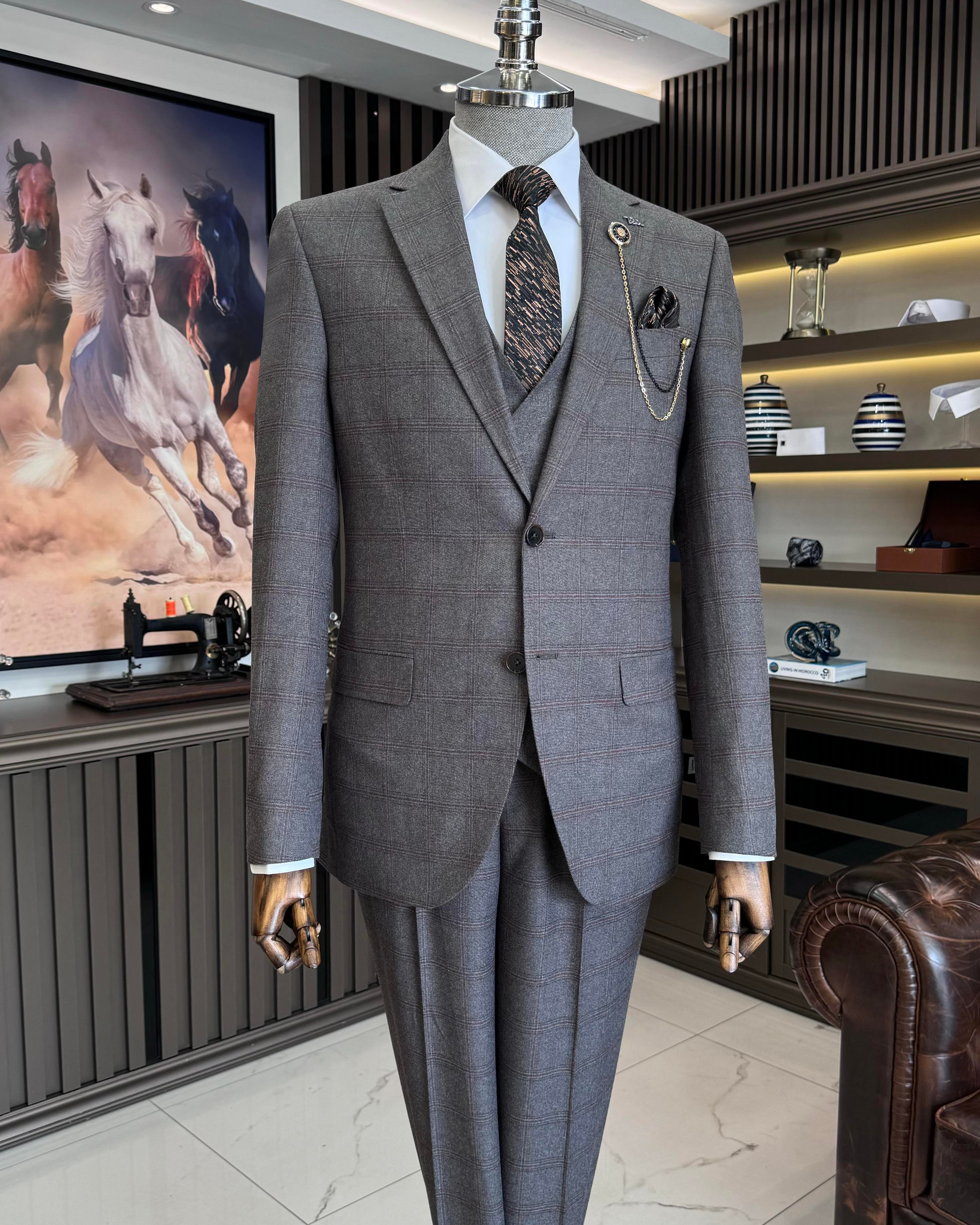 Italian style plaid jacket vest trousers men's combination suit brown T11286
