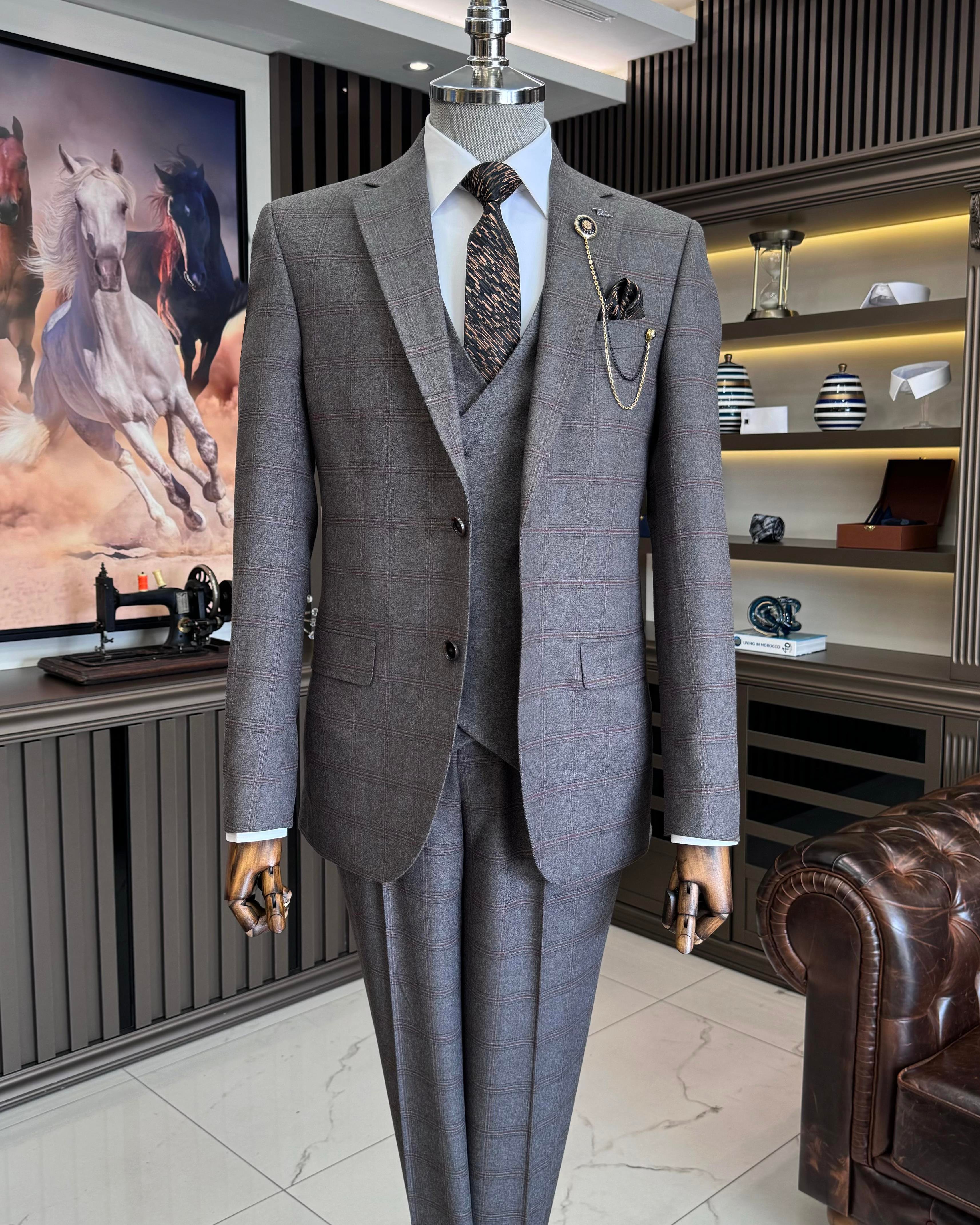 Italian style plaid jacket vest trousers men's combination suit brown T11286