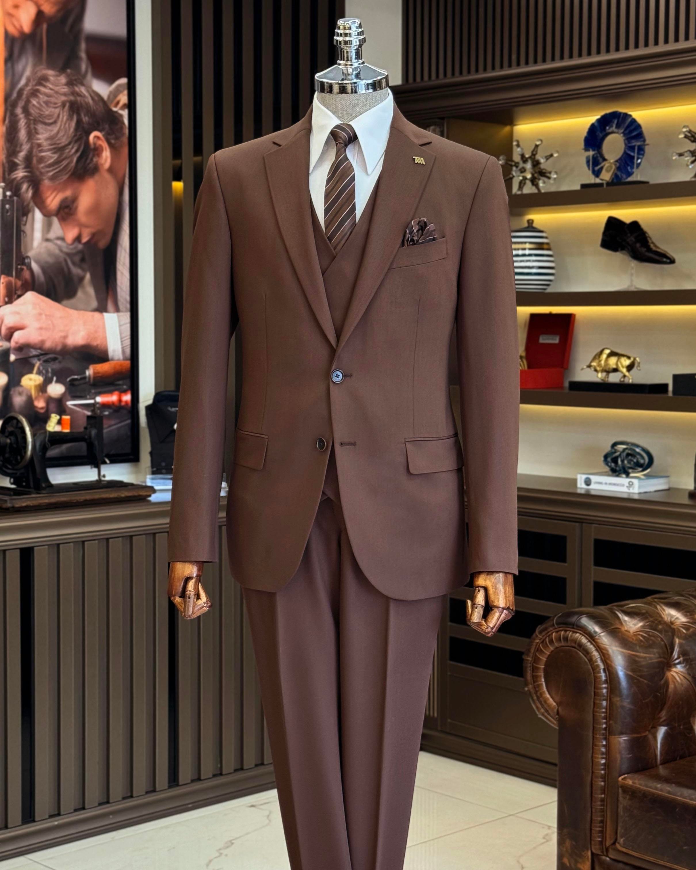 klasik kesim regular fit ceket yelek pantalon takım elbise kahverengi  T12253