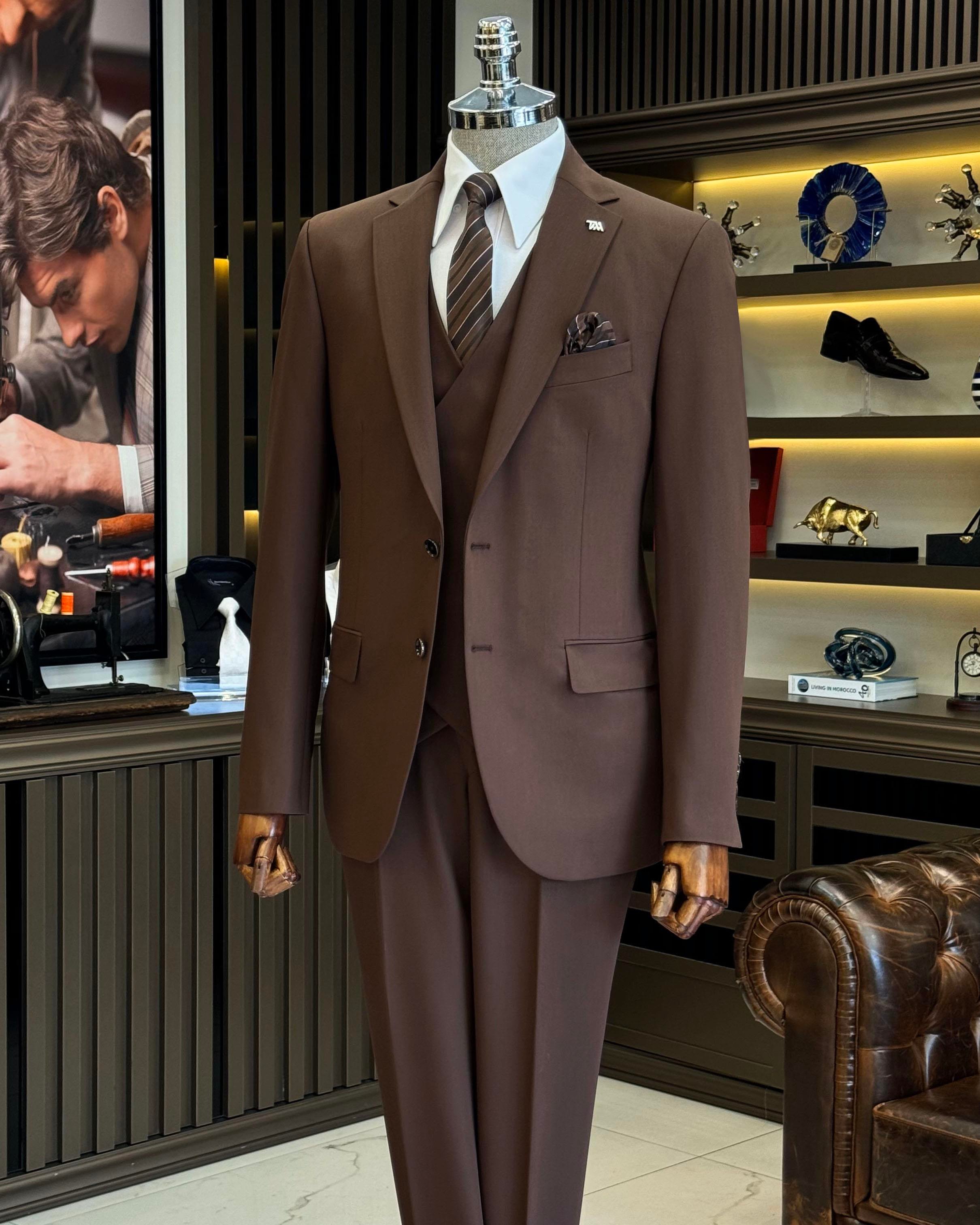 klasik kesim regular fit ceket yelek pantalon takım elbise kahverengi  T12253