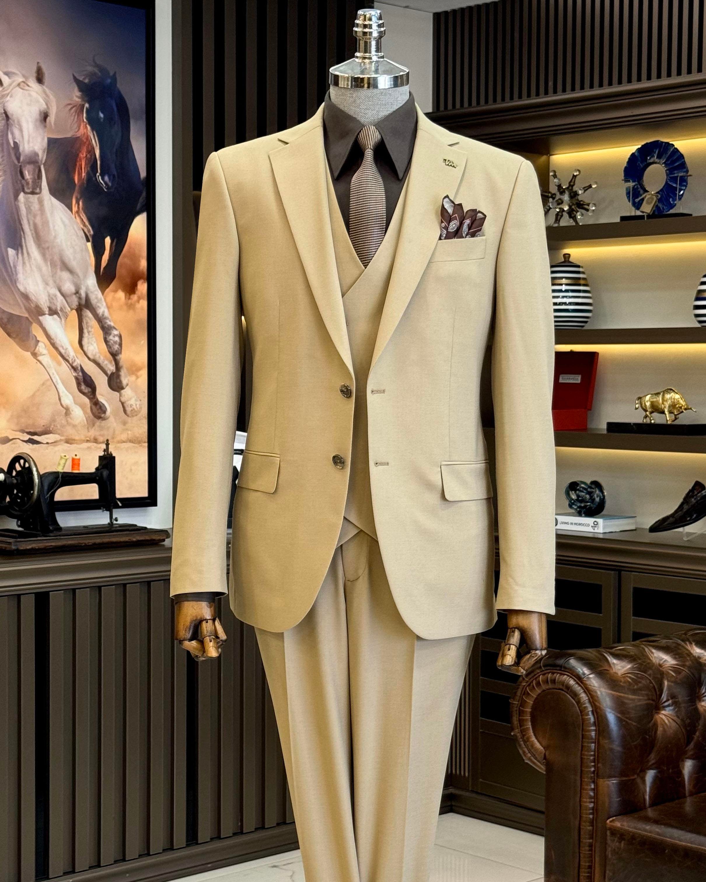 klasik kesim regular fit ceket yelek pantalon takım elbise camel T12244