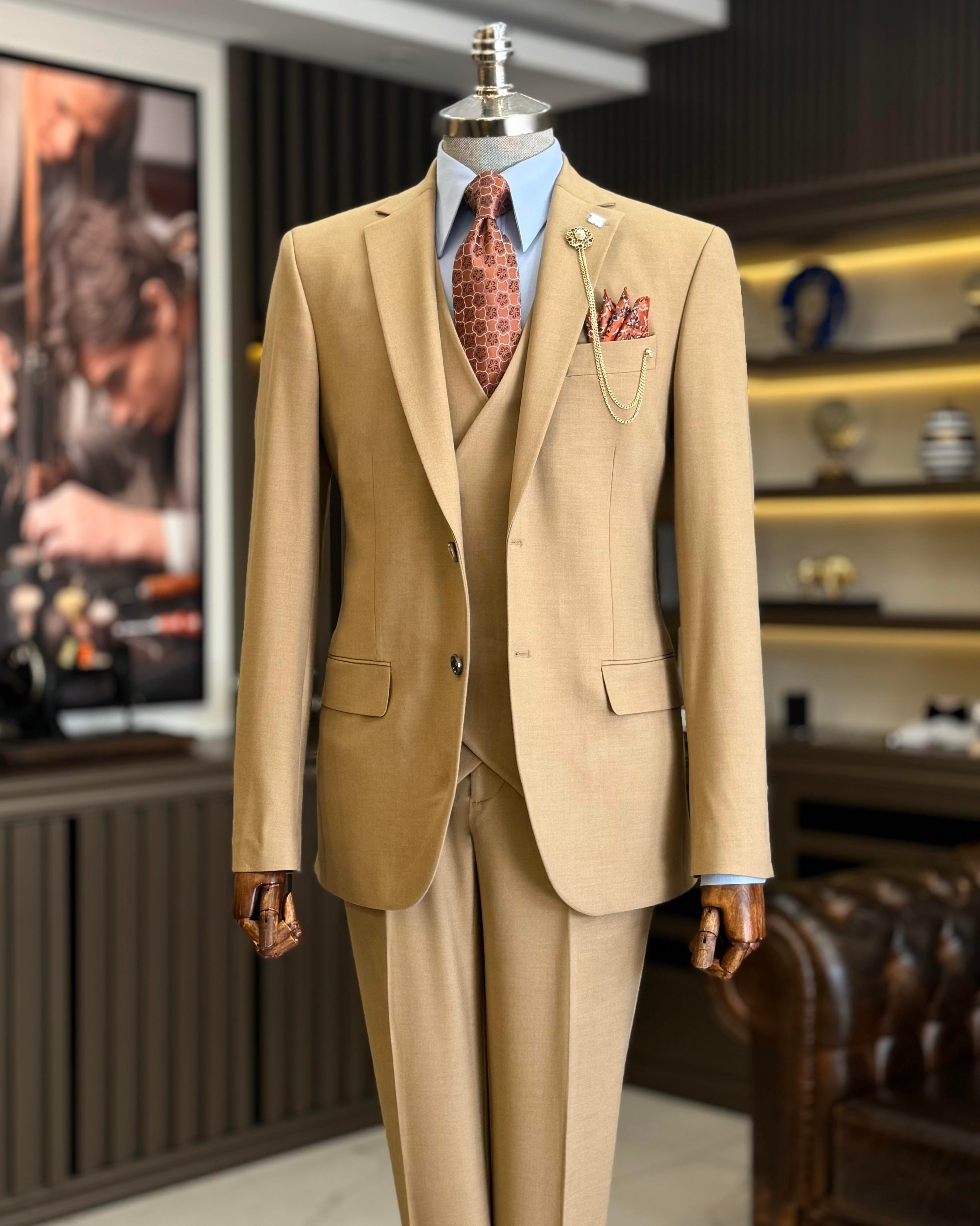 klasik kesim regular fit ceket yelek pantalon takım elbise camel T12609