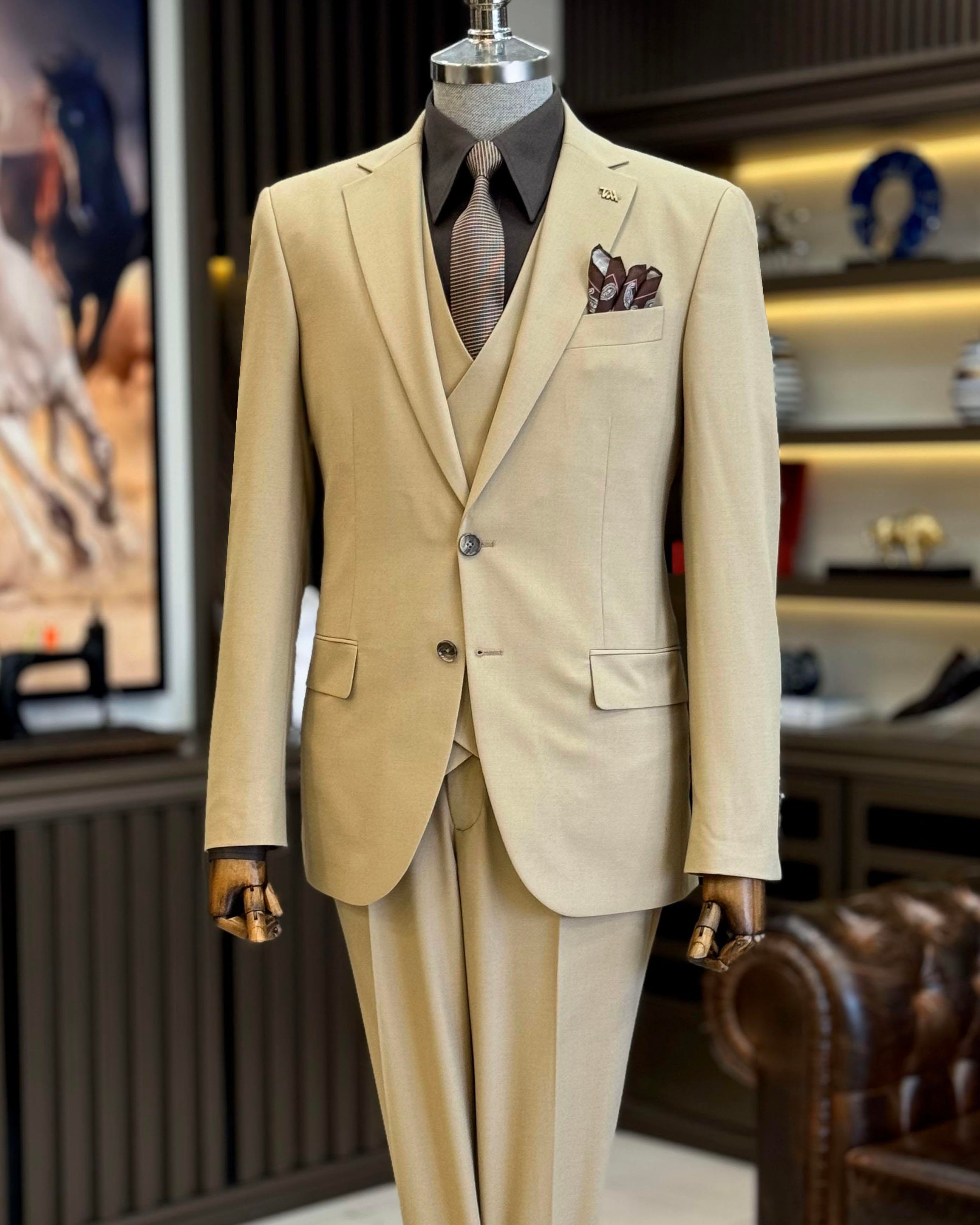 klasik kesim regular fit ceket yelek pantalon takım elbise camel T12244