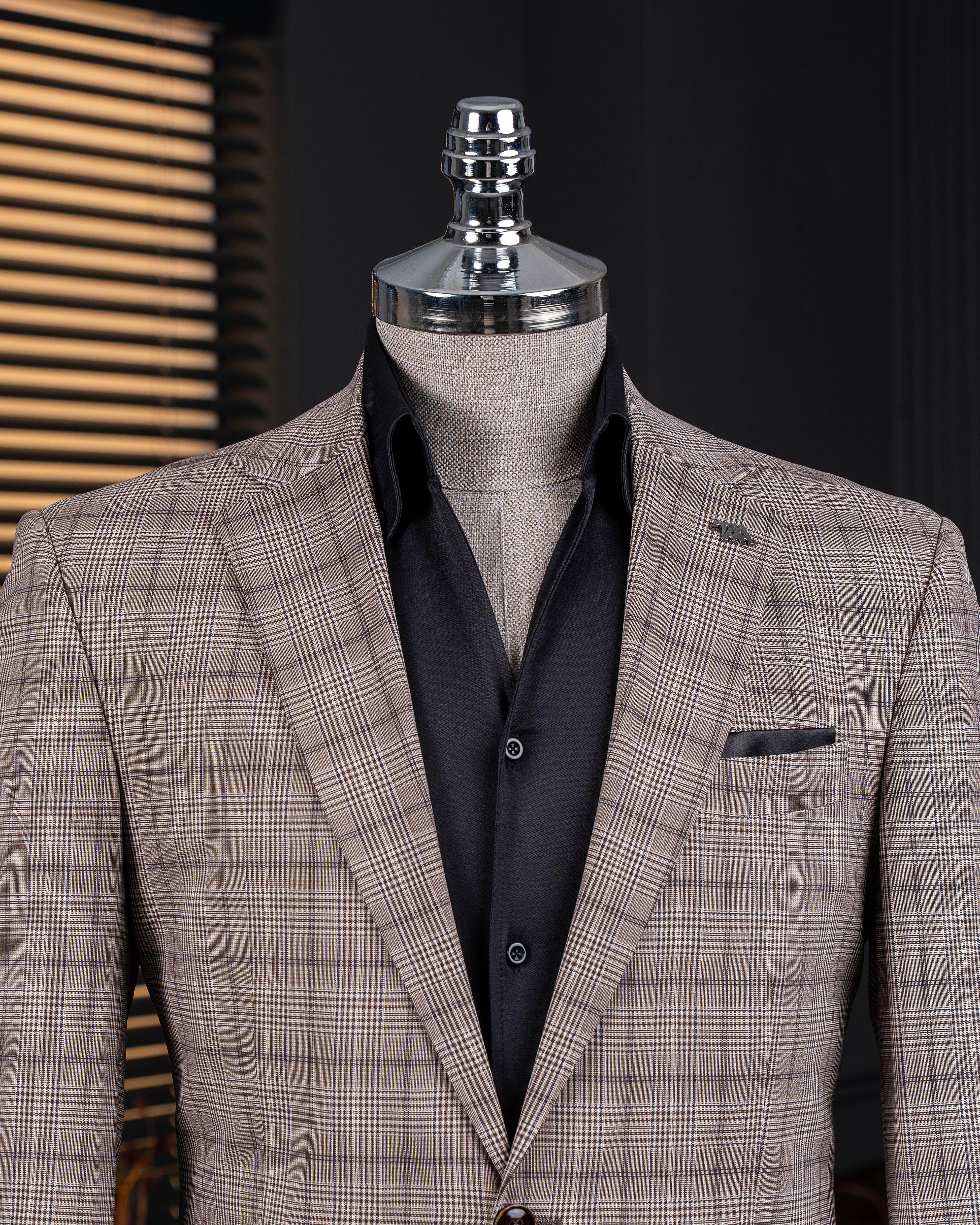 Classic cut regular fit mono collar plaid men's jacket brown T11528