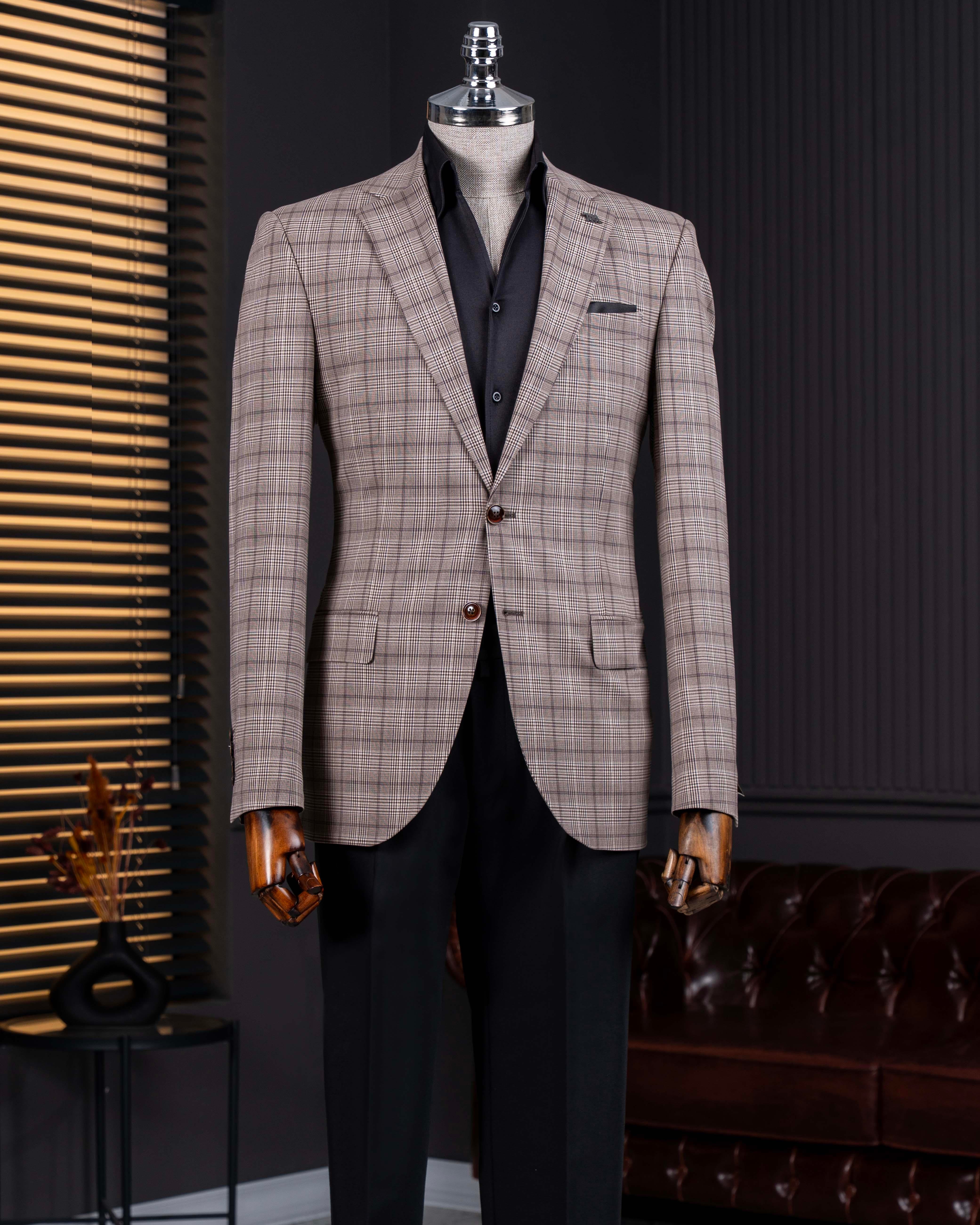Classic cut regular fit mono collar plaid men's jacket brown T11528
