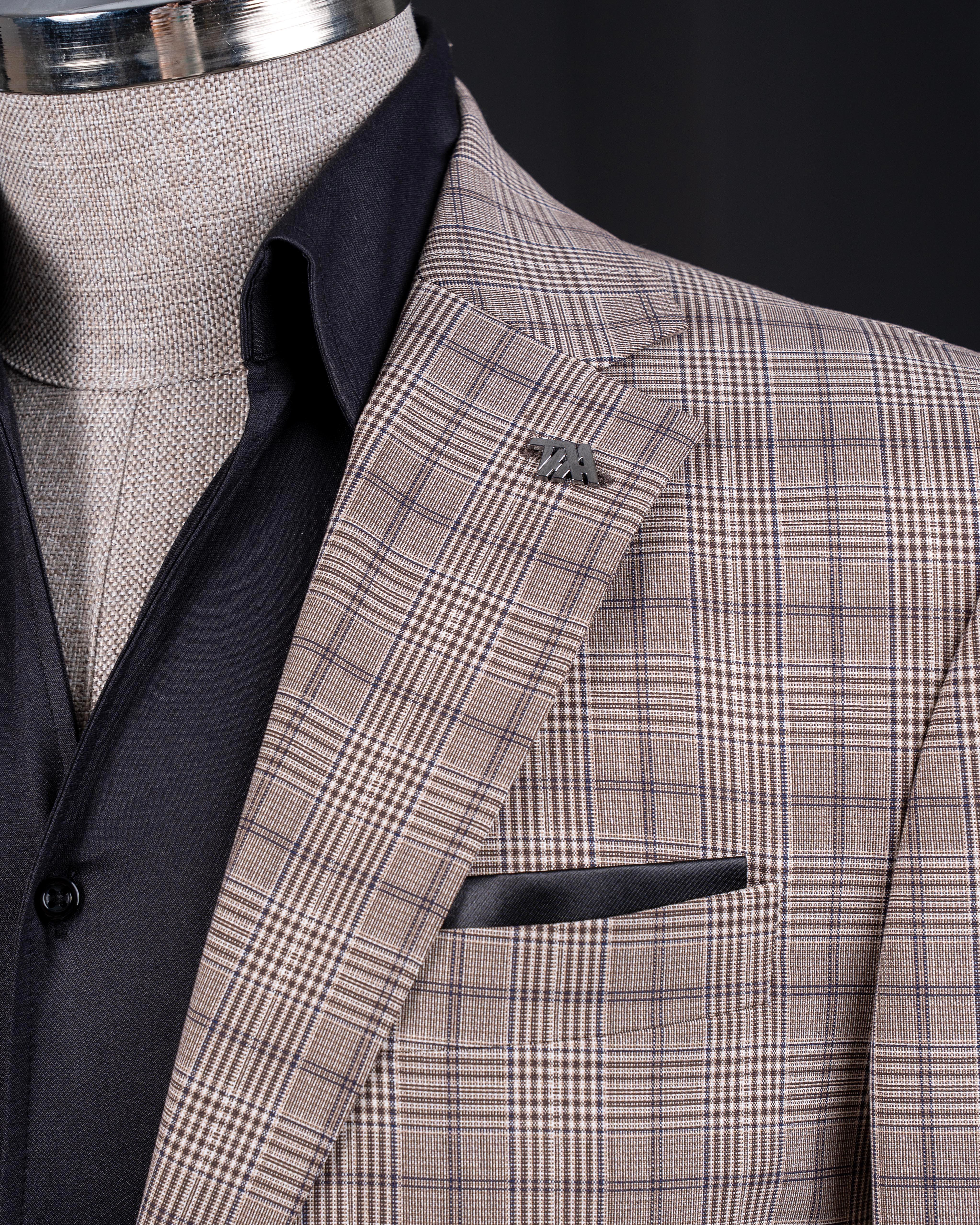 Classic cut regular fit mono collar plaid men's jacket brown T11528