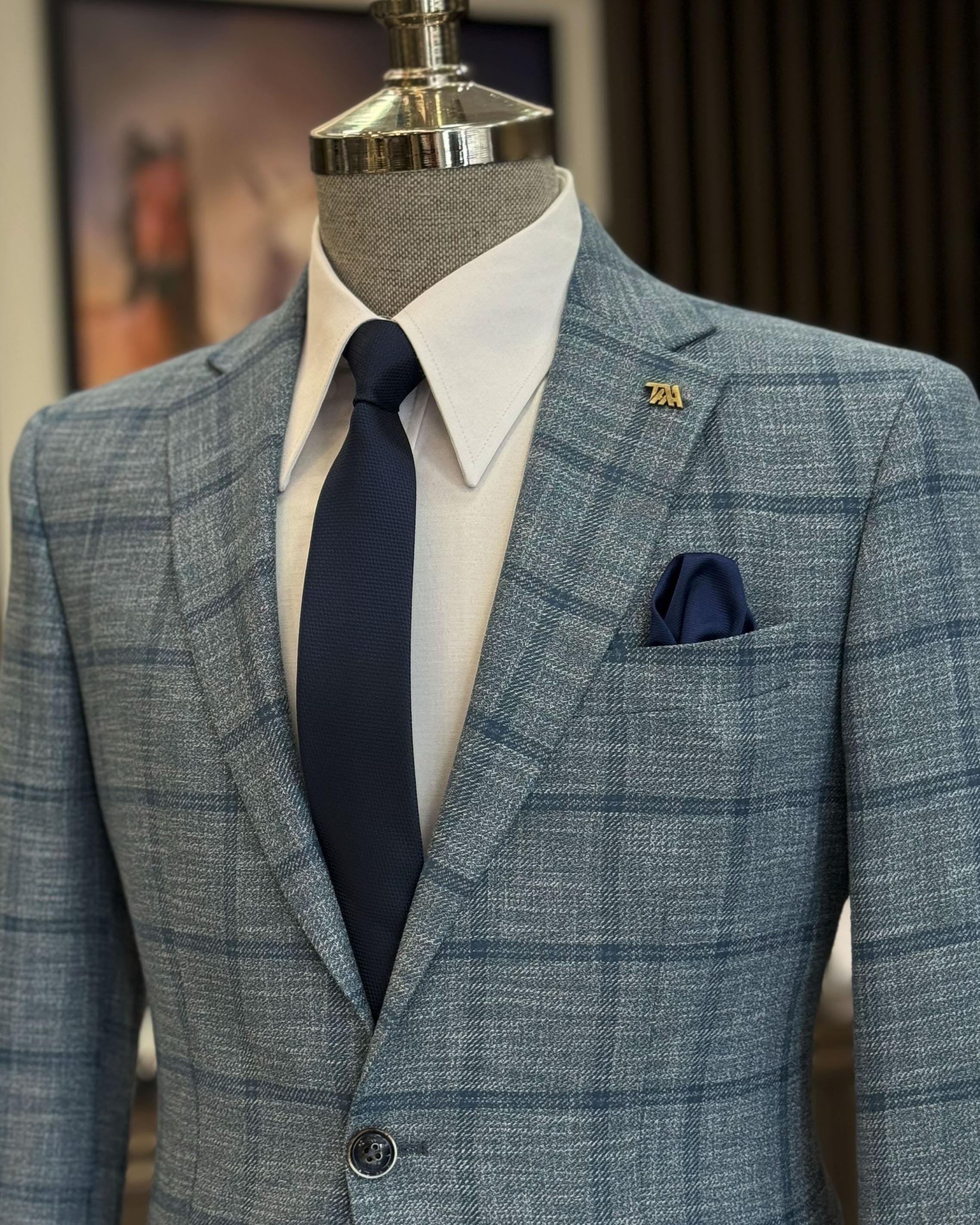 klasik kesim regular fit mono yaka ekose erkek ceket lacivert T12505