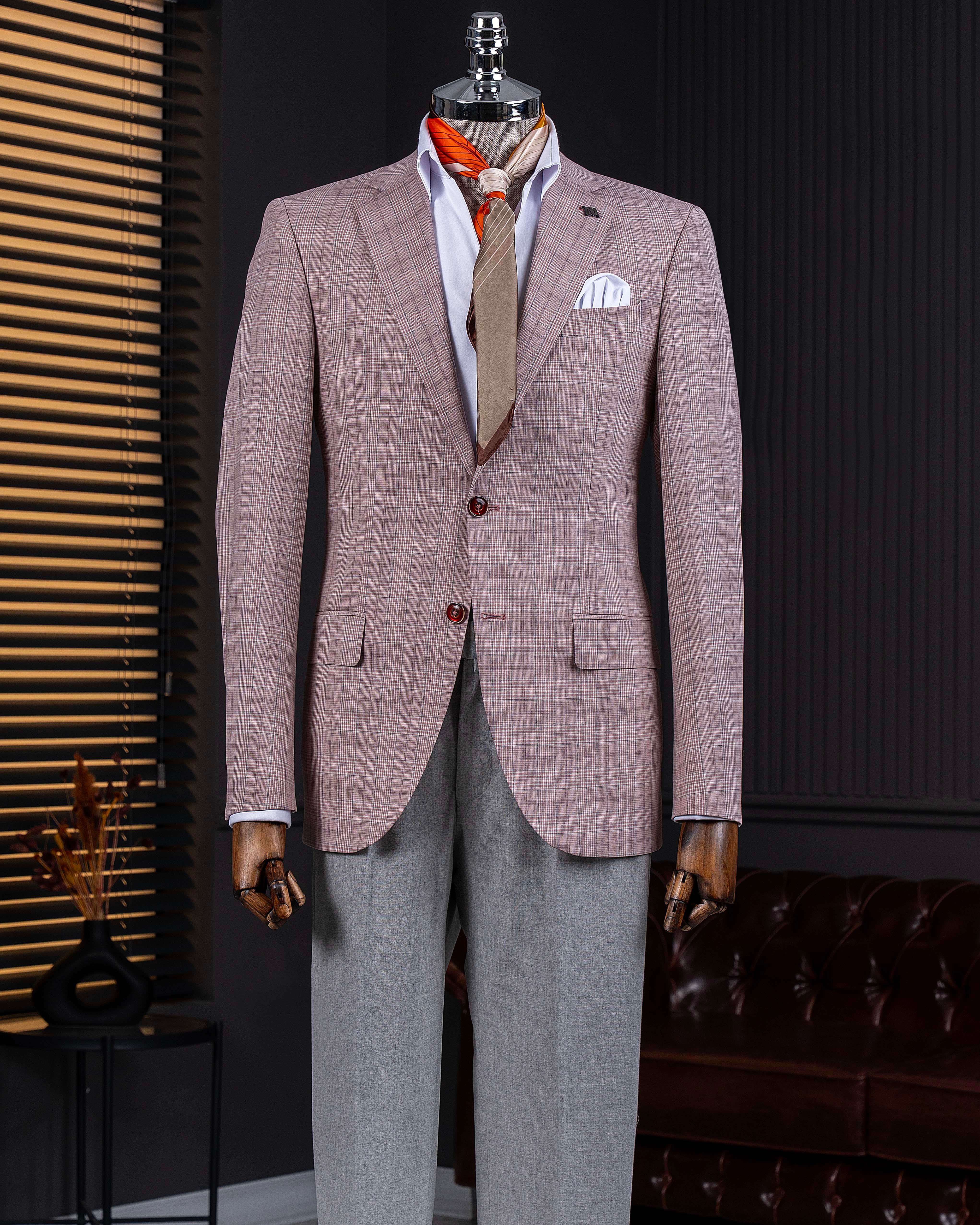 Classic cut regular fit mono collar plaid men's jacket pink T11526