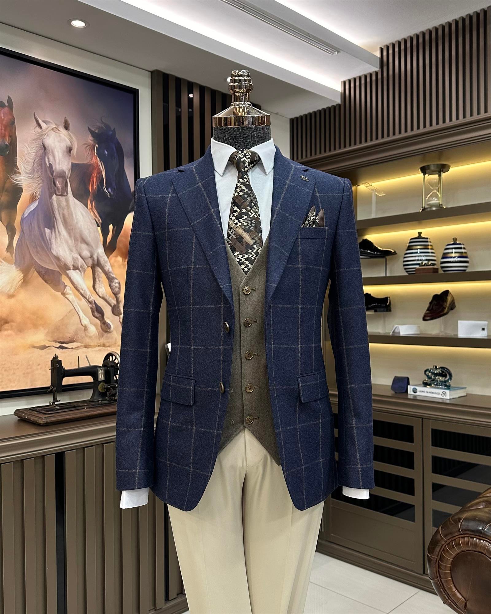 Premium %100 Merinos Yünü Ceket Yelek Kombin Lacivert T10920