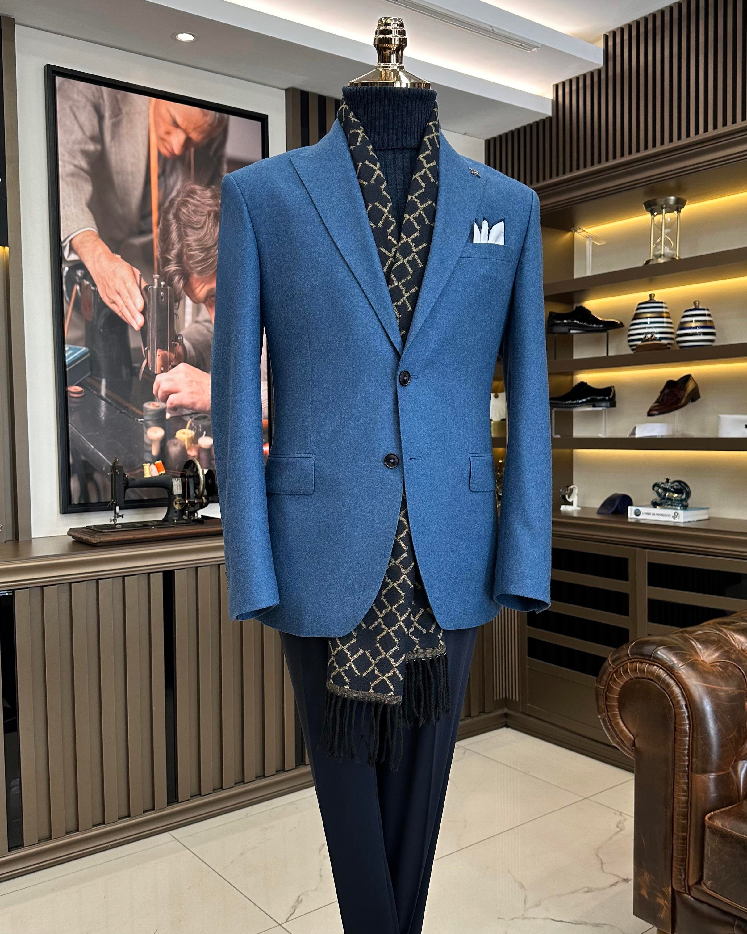 Premium %100 Merinos Yünü Slim Fit Erkek Tek Ceket  Mavi T10911