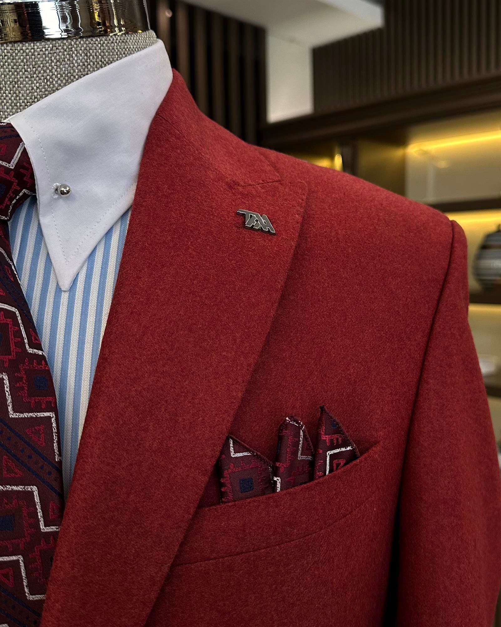 Premium %100 Merinos Yünü Slim Fit Erkek Tek Ceket Bordo  T10909