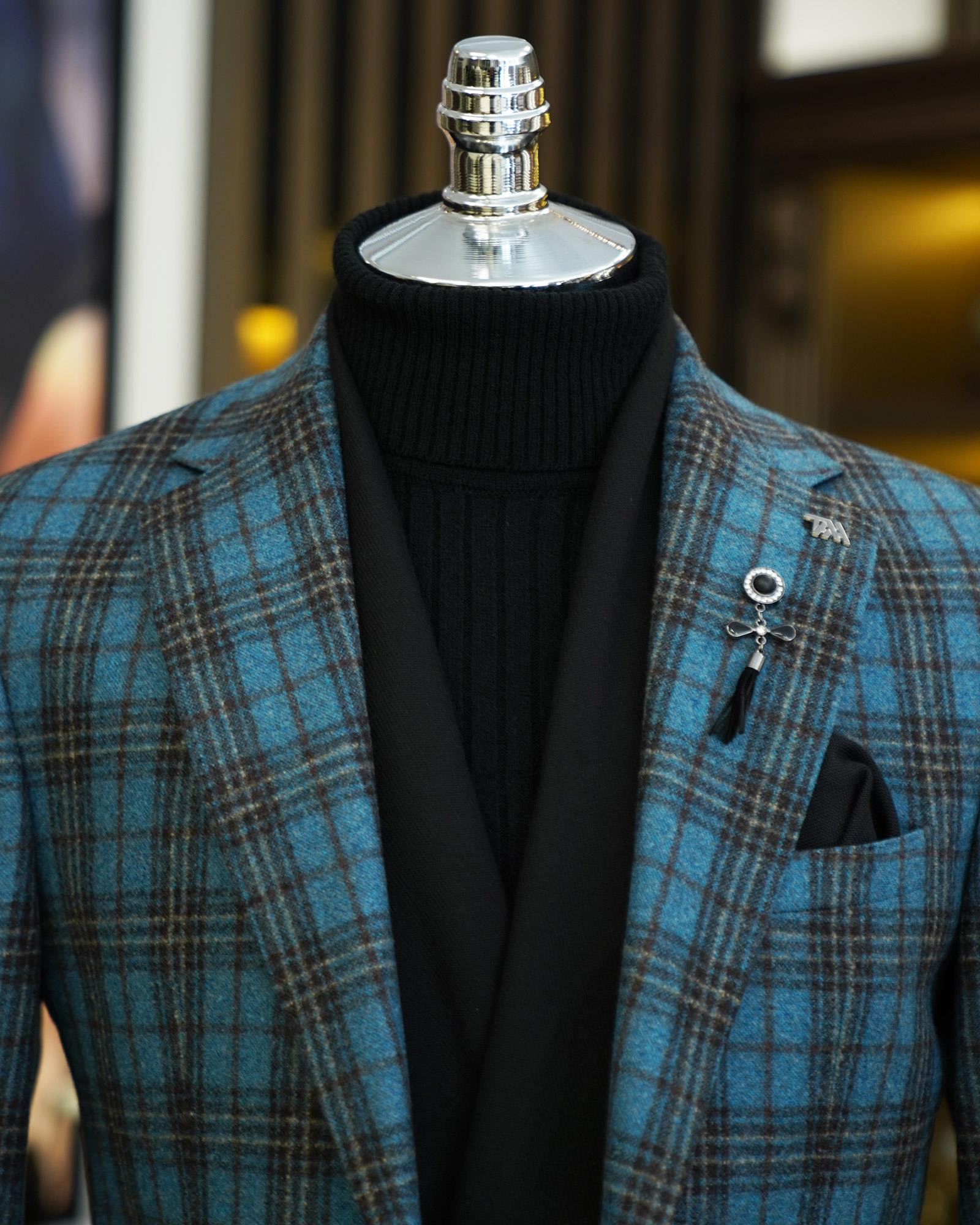 Premium %100 Merinos Yünü Slim Fit Erkek Tek Ceket  Mavi T10907