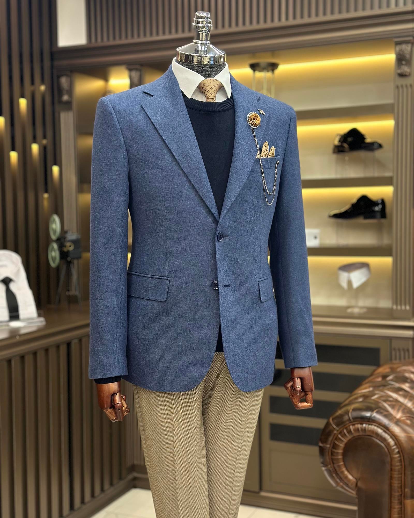 Premium %100 Merinos Yünü Slim Fit Erkek Tek Ceket  Mavi T10915