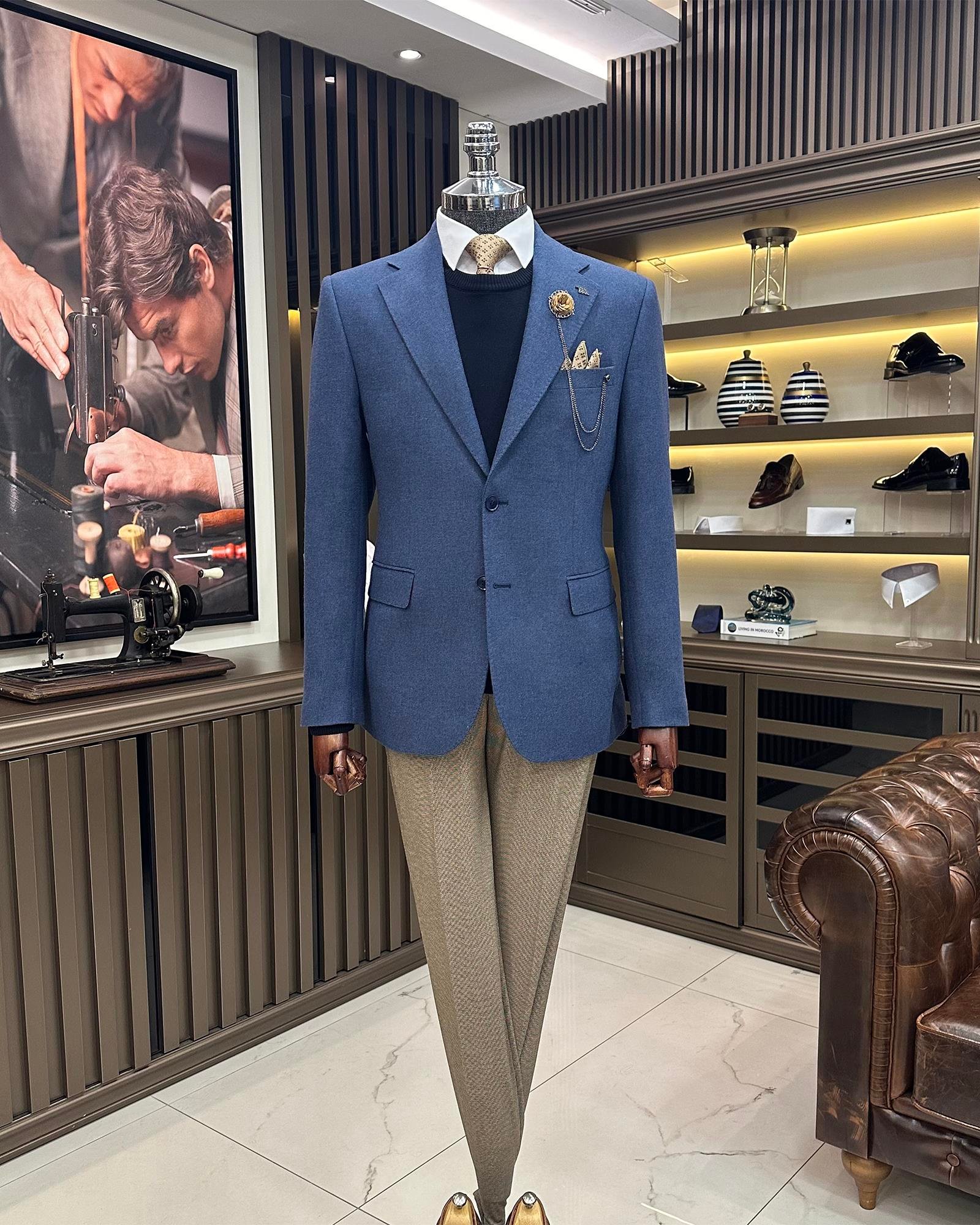 Premium %100 Merinos Yünü Slim Fit Erkek Tek Ceket  Mavi T10915