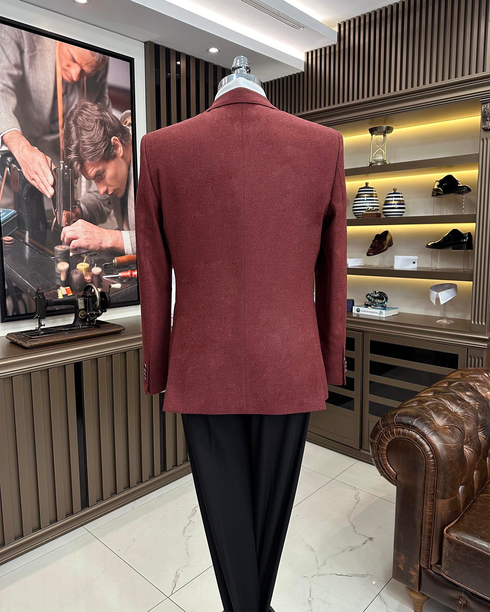 Premium %100 Merinos Yünü Slim Fit Erkek Tek Ceket Bordo T10917