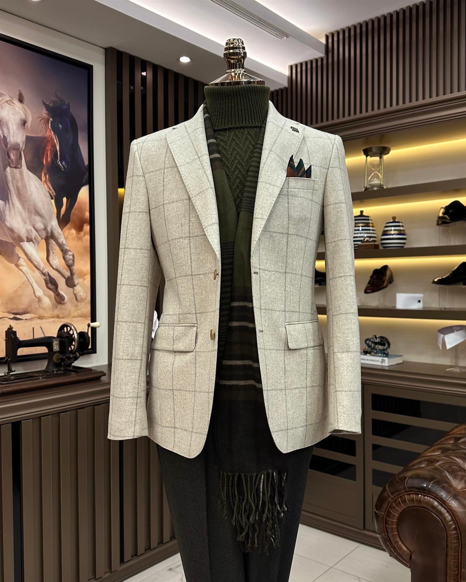 Premium %100 Merinos Yünü Slim Fit Erkek Tek Ceket Bej  T10910