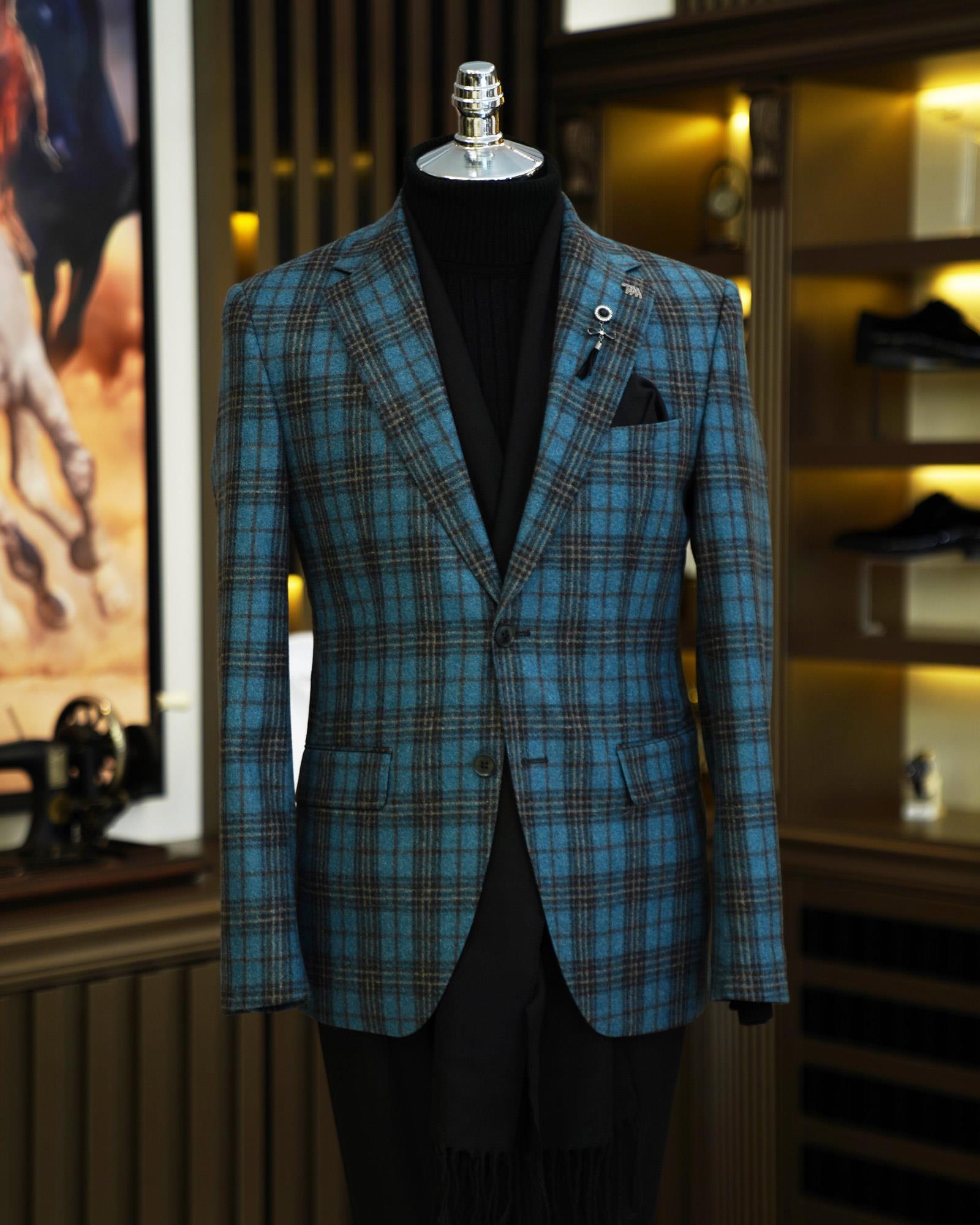Premium %100 Merinos Yünü Slim Fit Erkek Tek Ceket  Mavi T10907