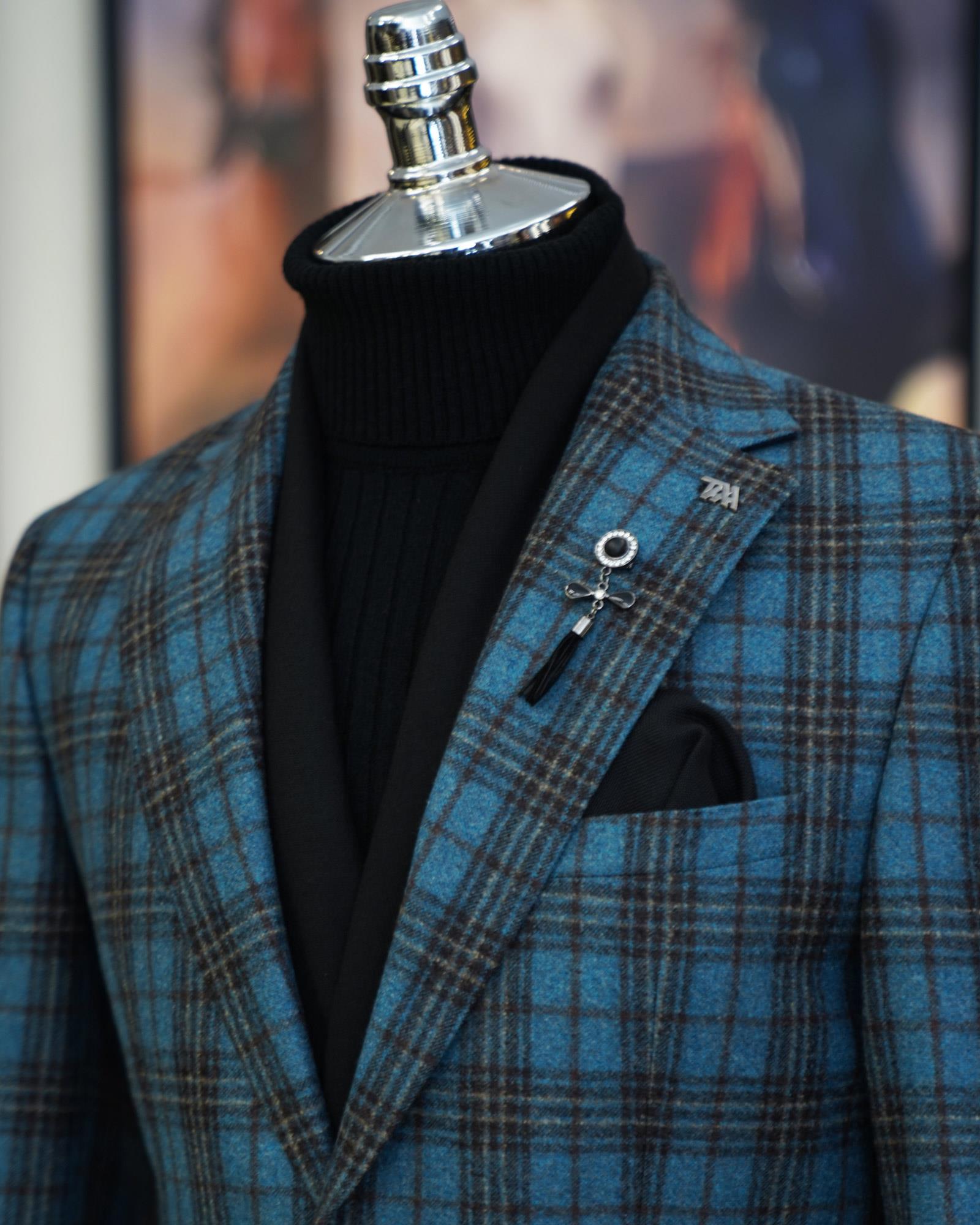 Premium %100 Merinos Yünü Slim Fit Erkek Tek Ceket  Mavi T10907