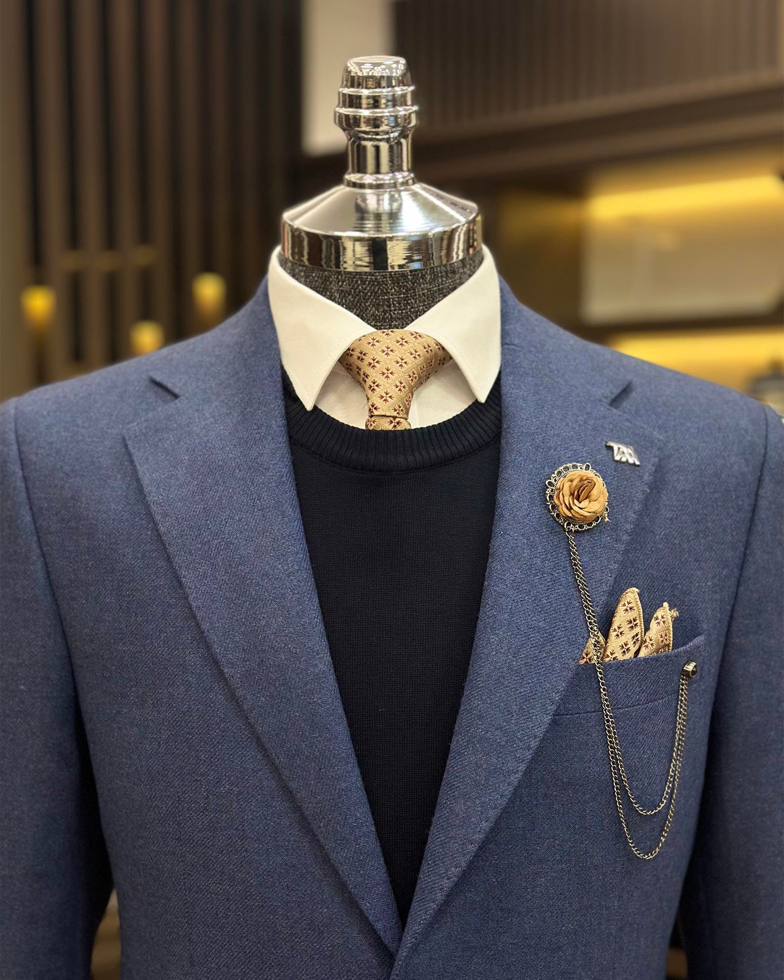 Premium %100 Merinos Yünü Slim Fit Erkek Tek Ceket  Mavi T10915