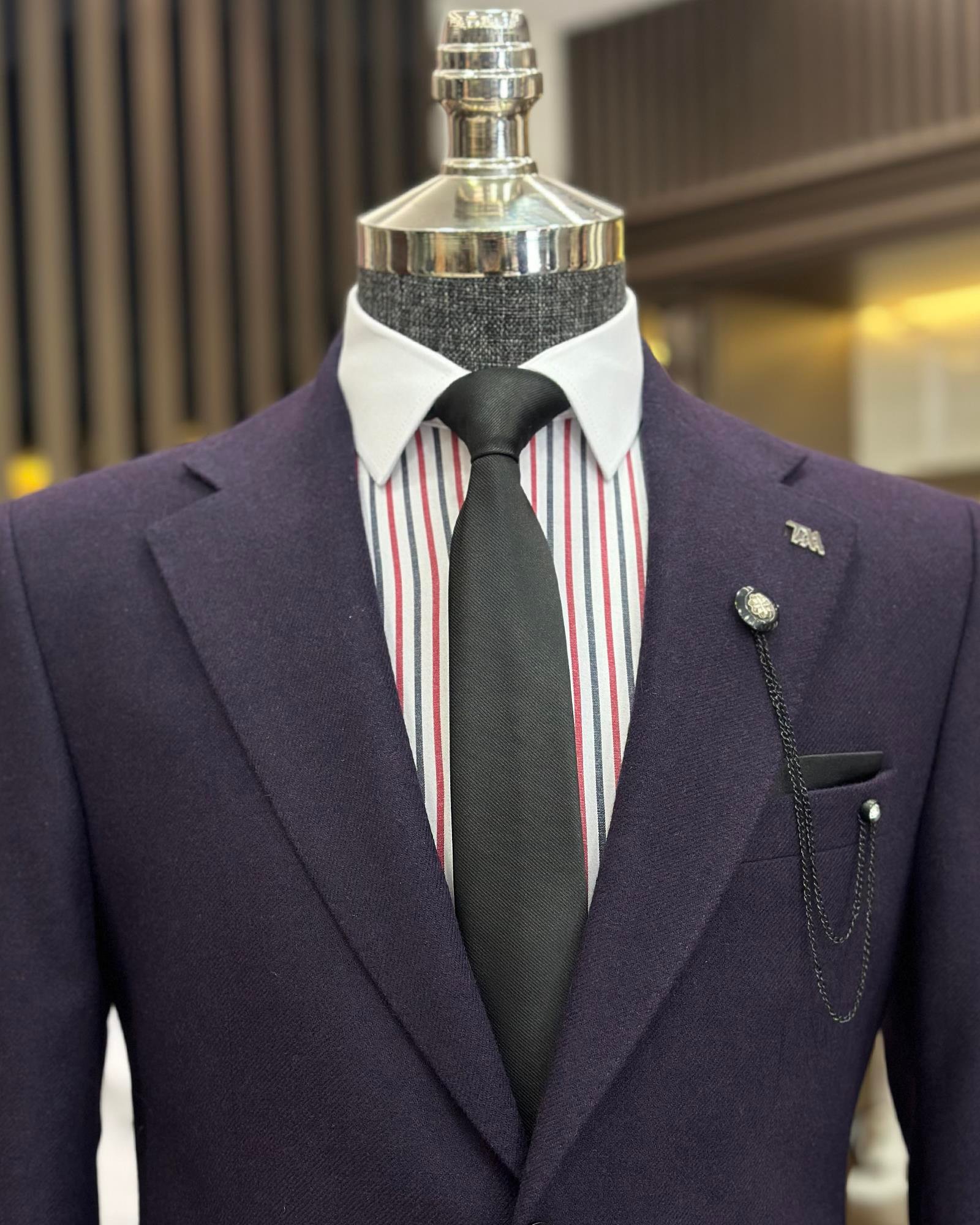 Premium %100 Merinos Yünü Slim Fit Erkek Tek Ceket  Mor T10914