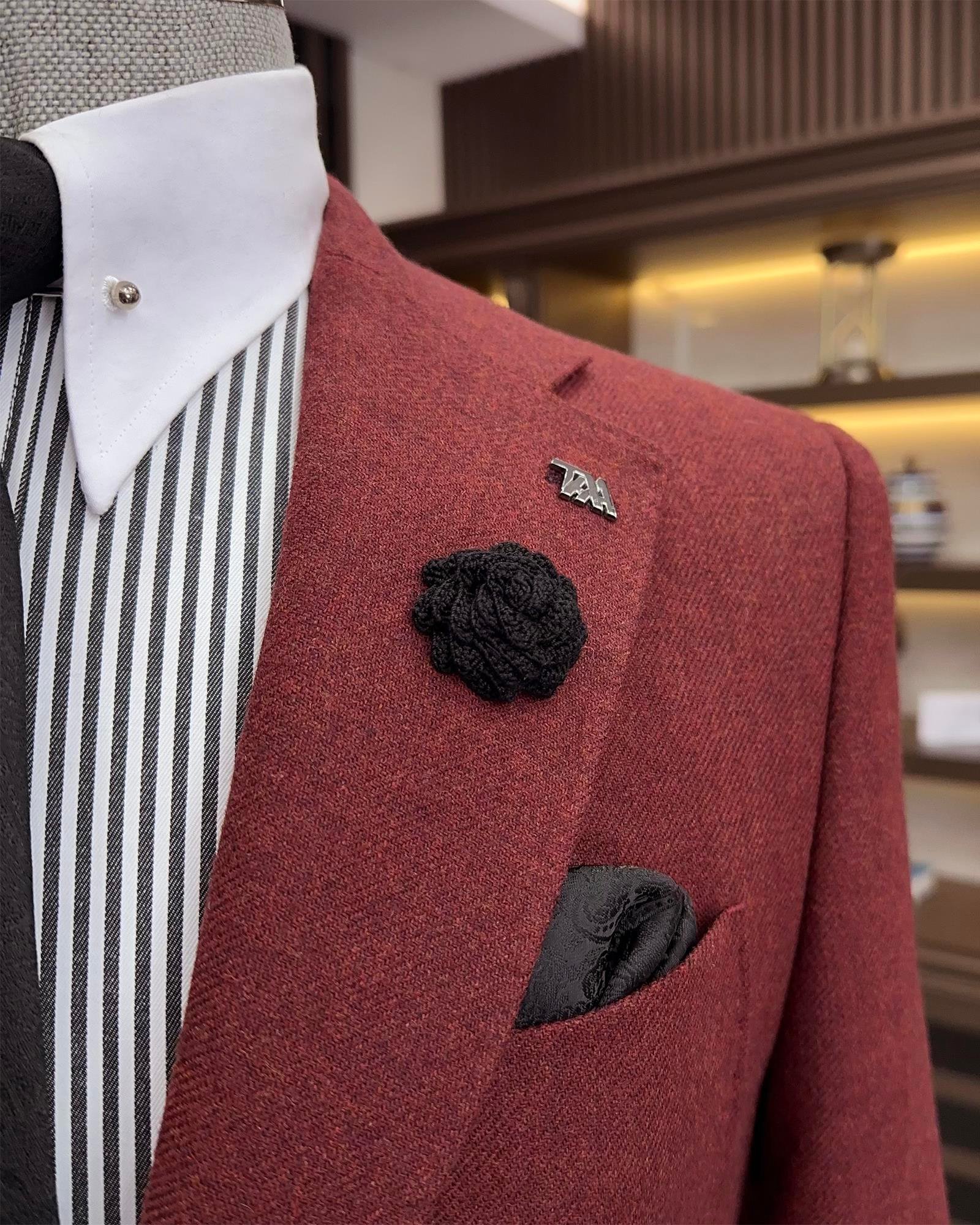 Premium %100 Merinos Yünü Slim Fit Erkek Tek Ceket Bordo T10917