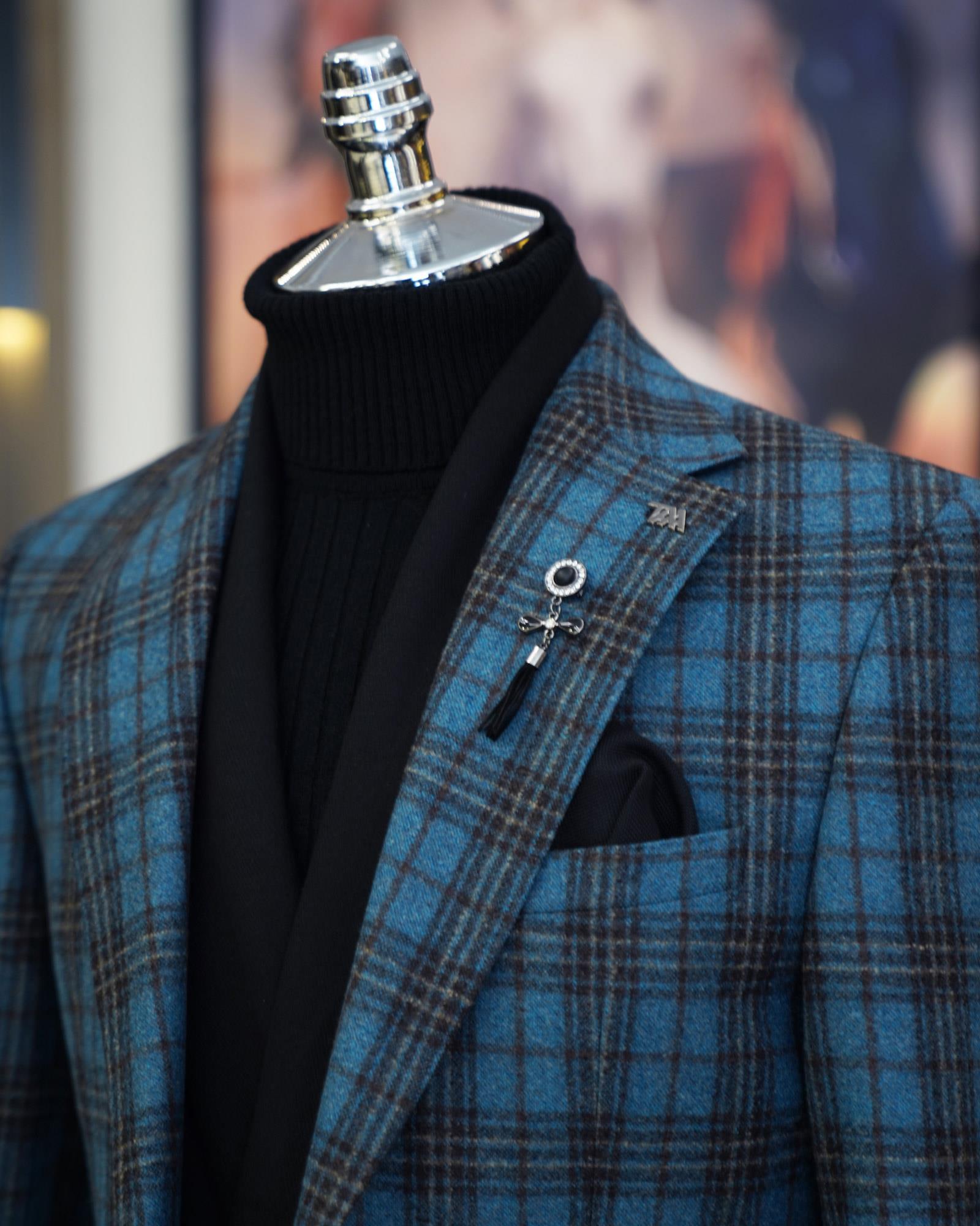 Premium %100 Merinos Yünü Slim Fit Erkek Tek Ceket  Mavi T10907