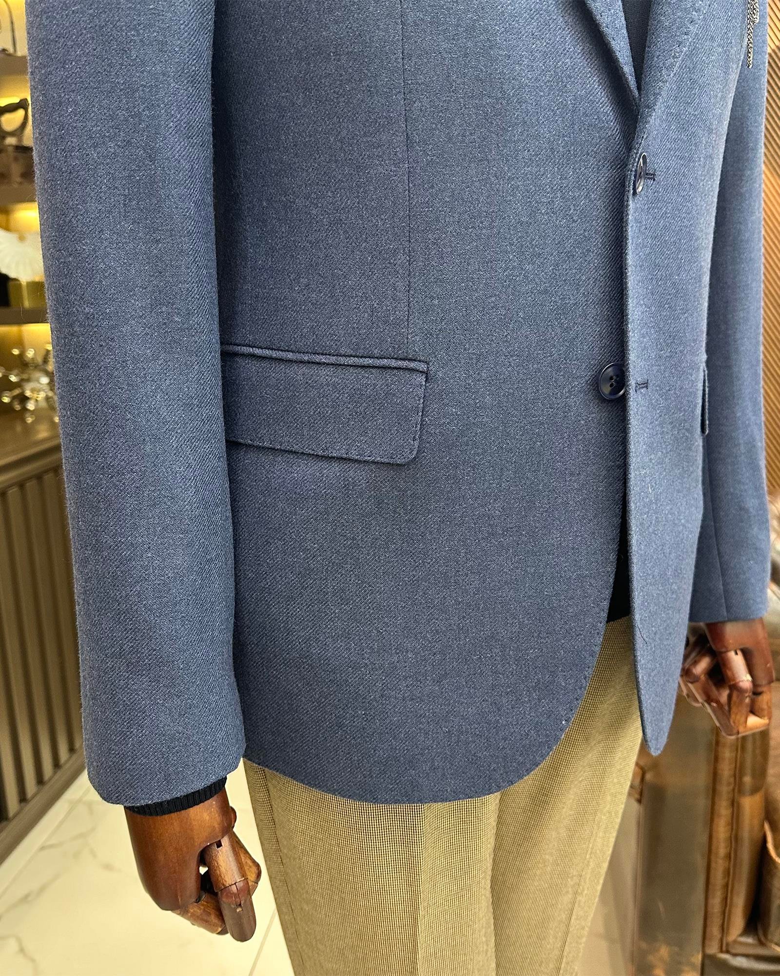 Premium %100 Merinos Yünü Slim Fit Erkek Tek Ceket  Mavi T10915