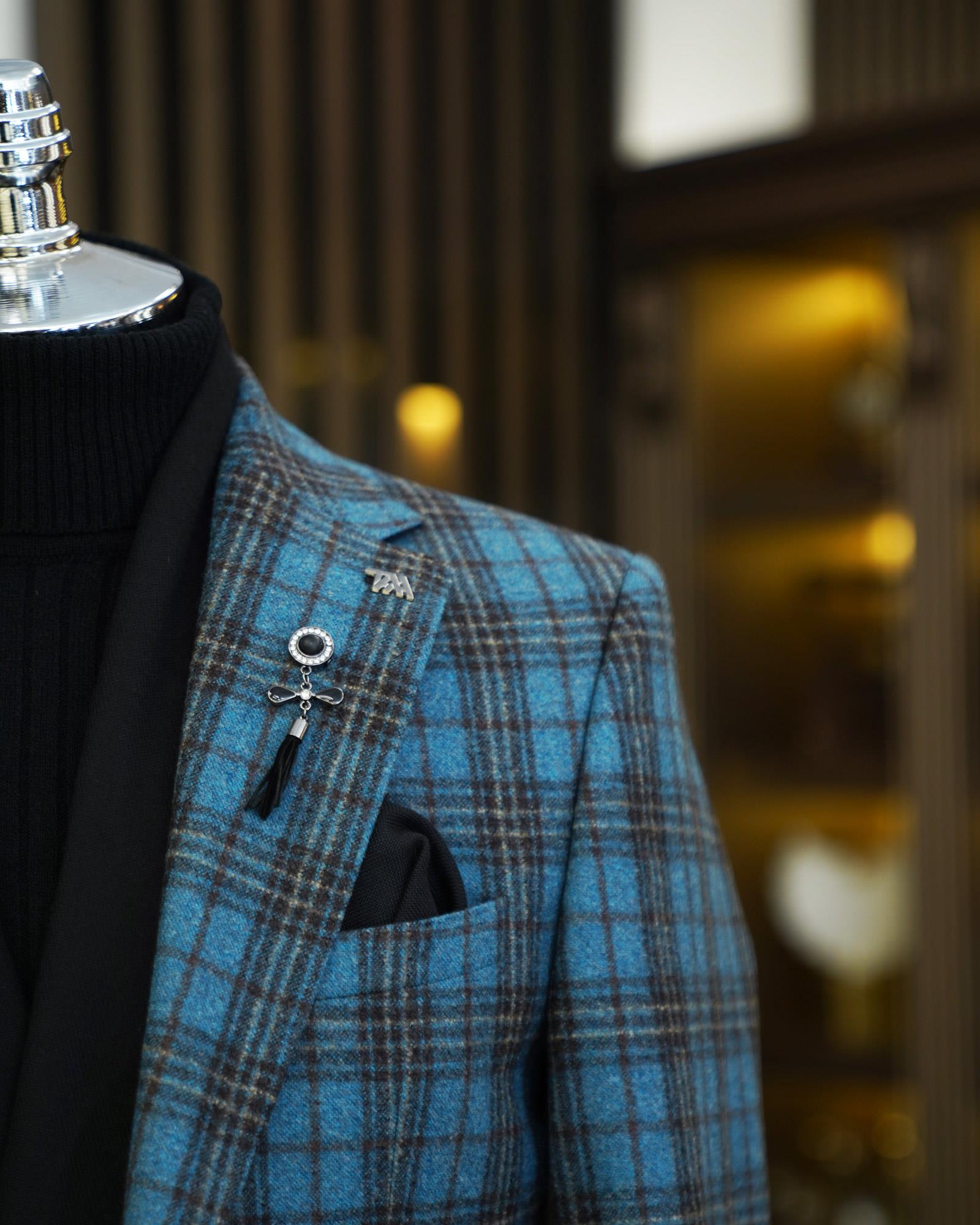 Premium %100 Merinos Yünü Slim Fit Erkek Tek Ceket  Mavi T10907