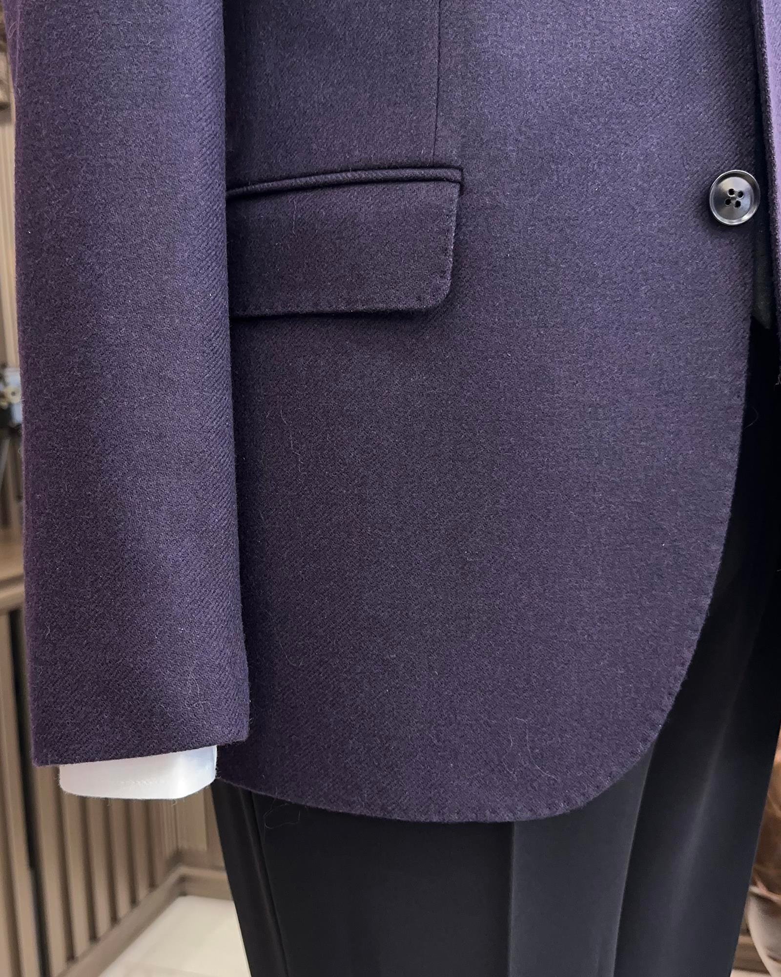 Premium %100 Merinos Yünü Slim Fit Erkek Tek Ceket  Mor T10914