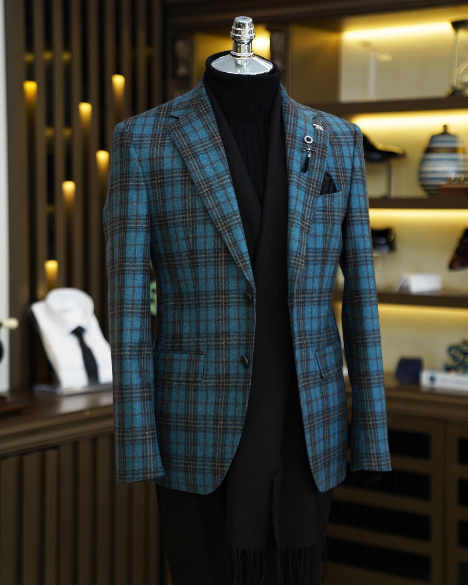 Premium %100 Merinos Yünü Slim Fit Erkek Tek Ceket  Mavi T10907