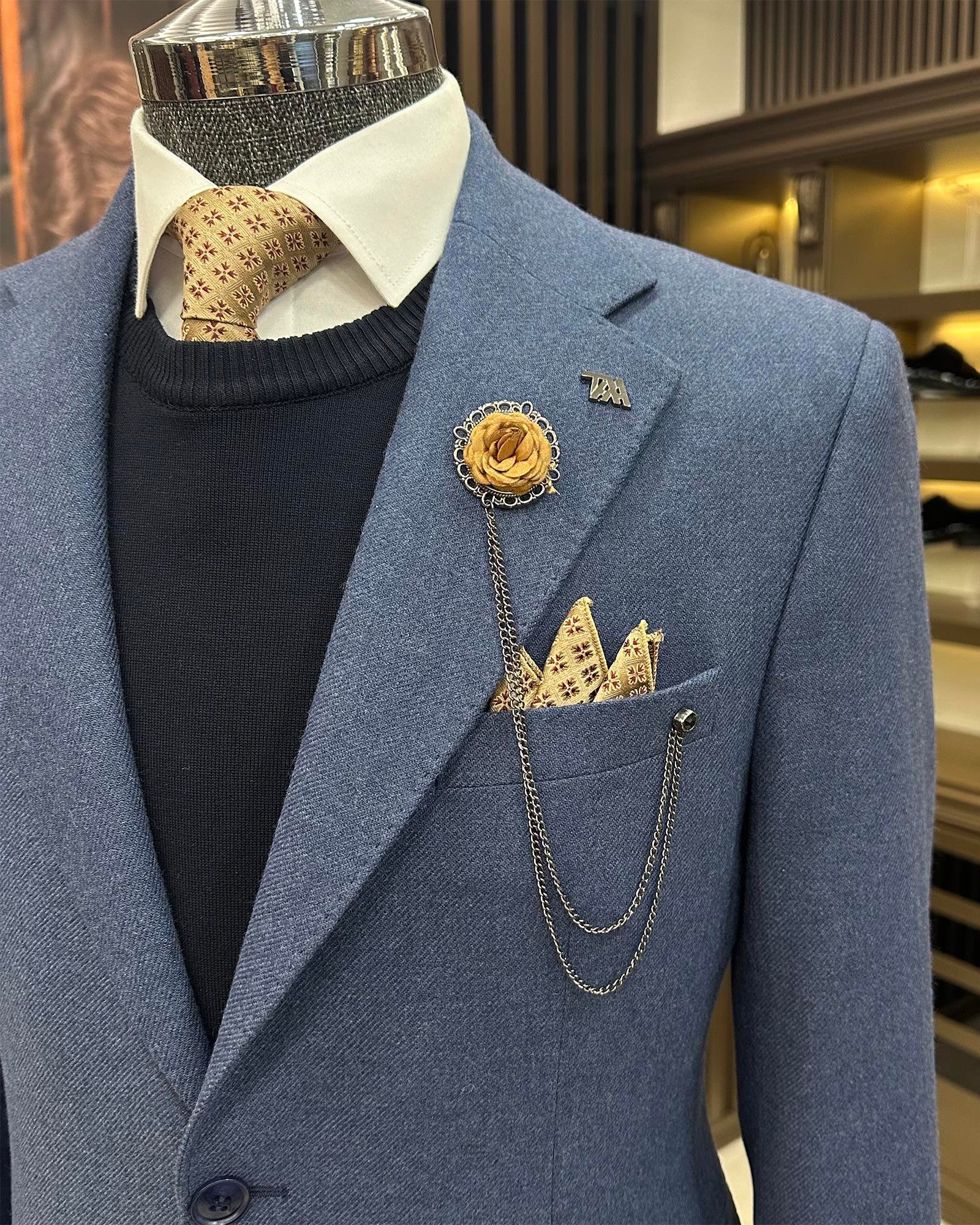 Premium %100 Merinos Yünü Slim Fit Erkek Tek Ceket  Mavi T10915