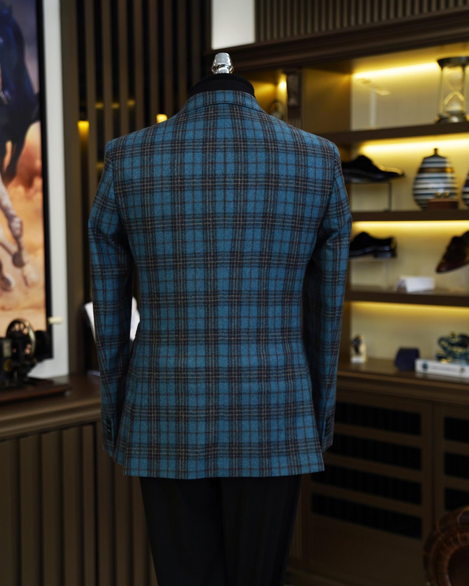 Premium %100 Merinos Yünü Slim Fit Erkek Tek Ceket  Mavi T10907