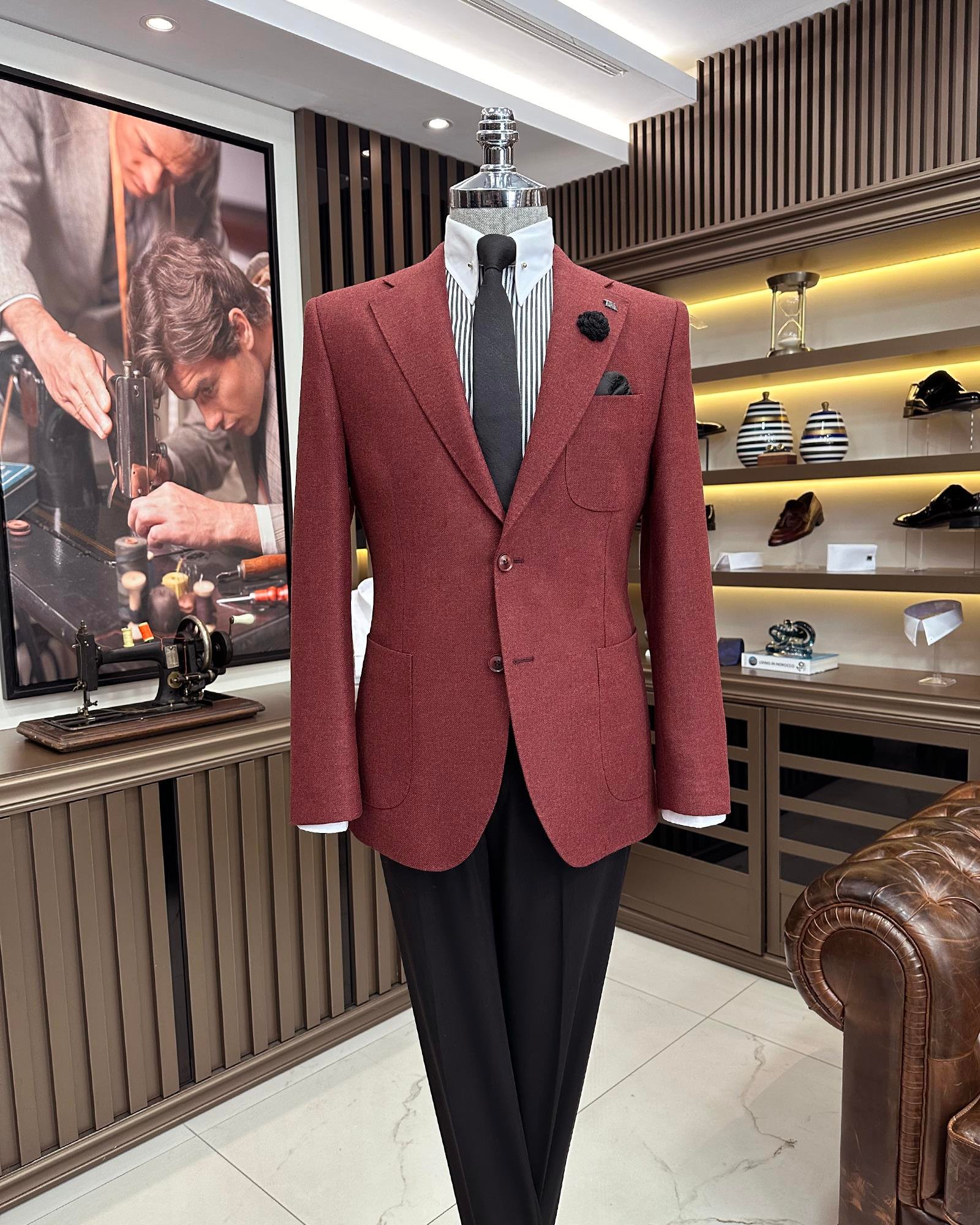 Premium %100 Merinos Yünü Slim Fit Erkek Tek Ceket Bordo T10917