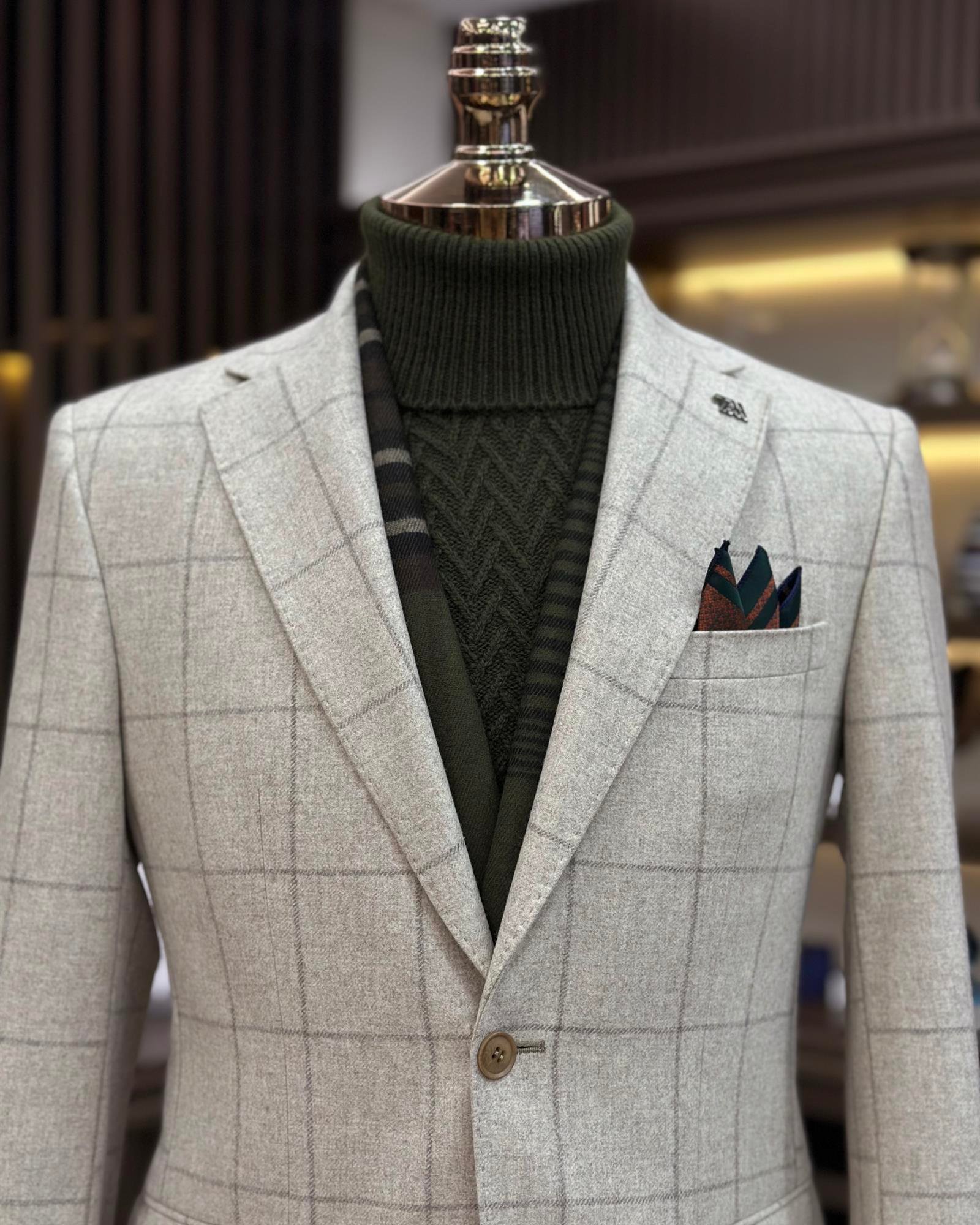 Premium %100 Merinos Yünü Slim Fit Erkek Tek Ceket Bej  T10910