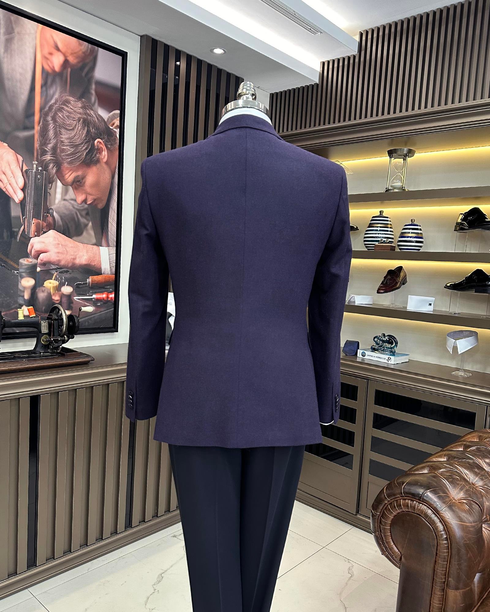 Premium %100 Merinos Yünü Slim Fit Erkek Tek Ceket  Mor T10914