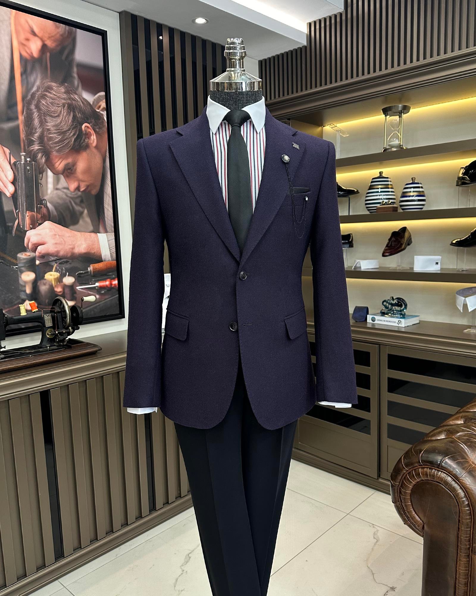 Premium %100 Merinos Yünü Slim Fit Erkek Tek Ceket  Mor T10914