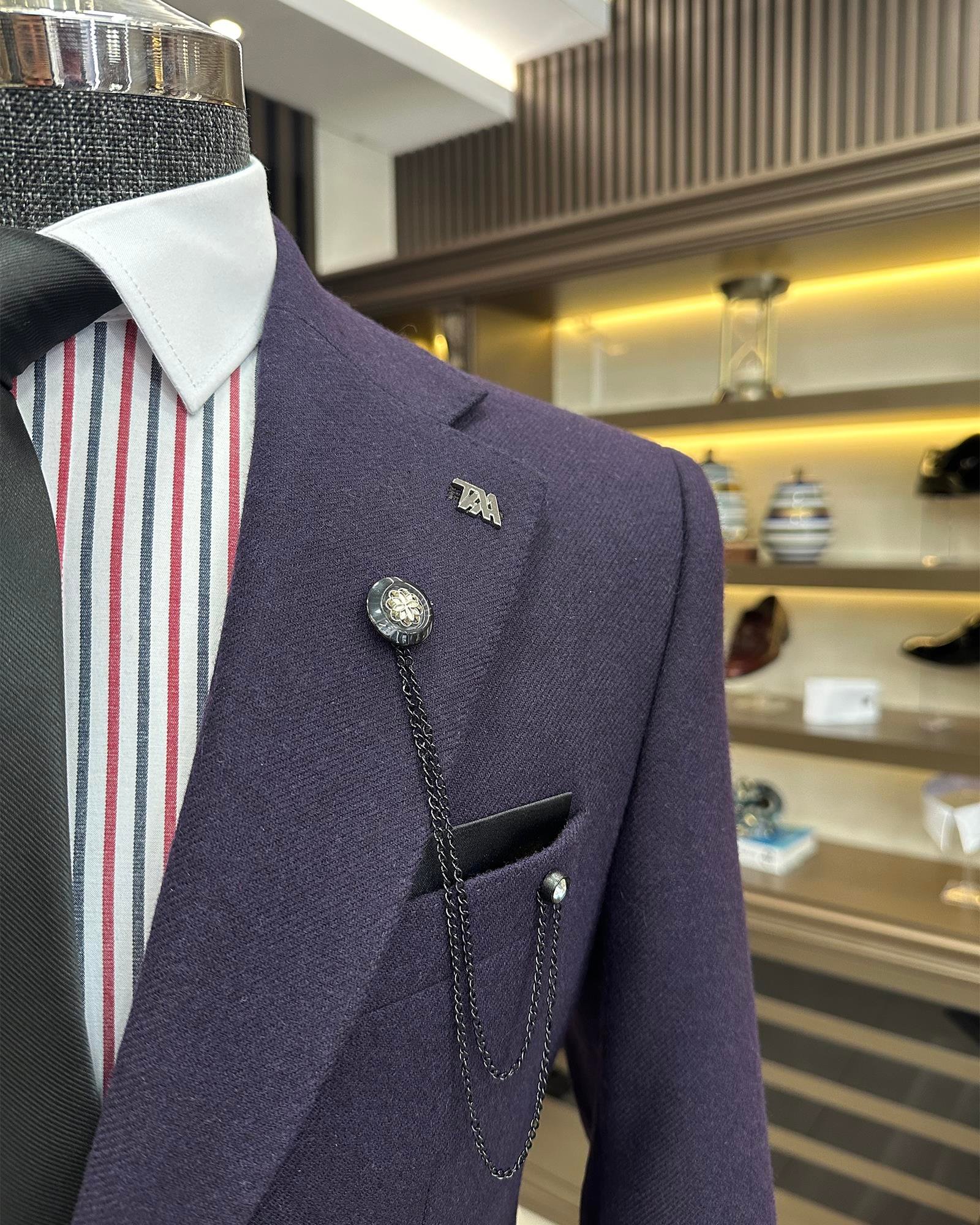 Premium %100 Merinos Yünü Slim Fit Erkek Tek Ceket  Mor T10914