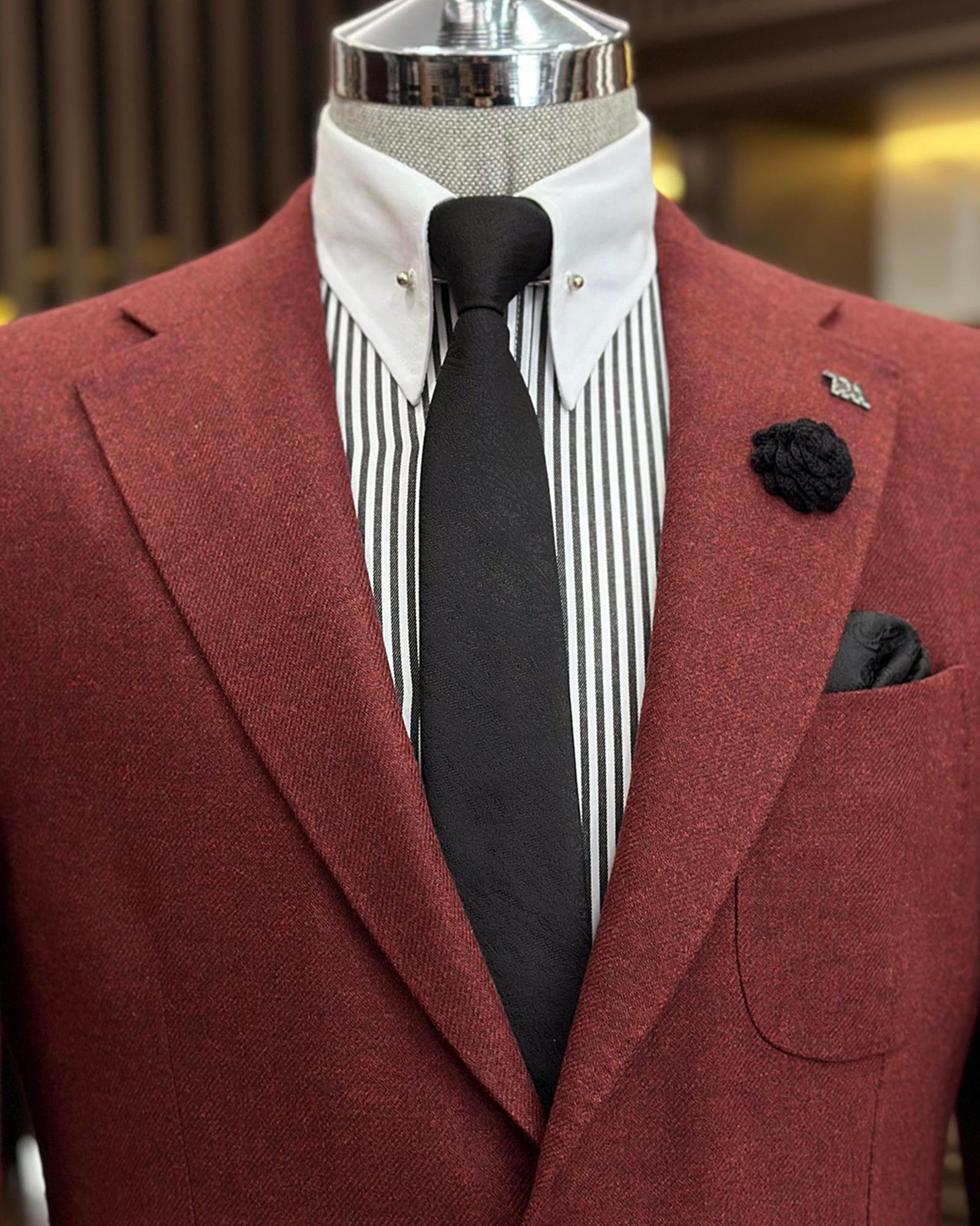 Premium %100 Merinos Yünü Slim Fit Erkek Tek Ceket Bordo T10917