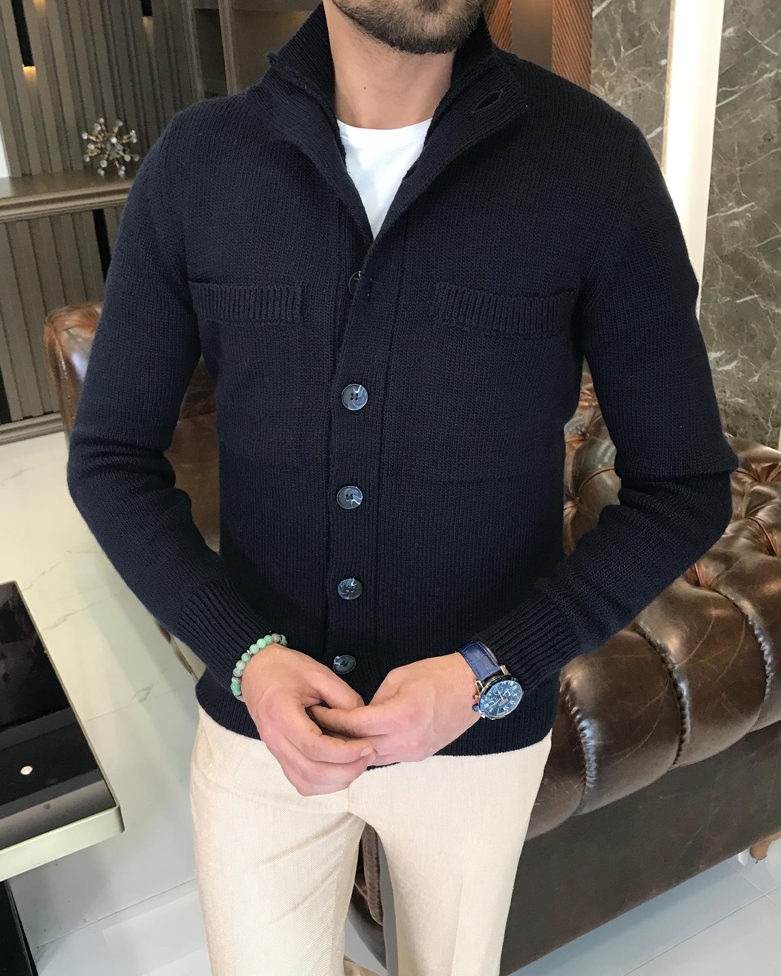 Regular fit men's high collar wool blend knit cardigan Navy Blue T8779