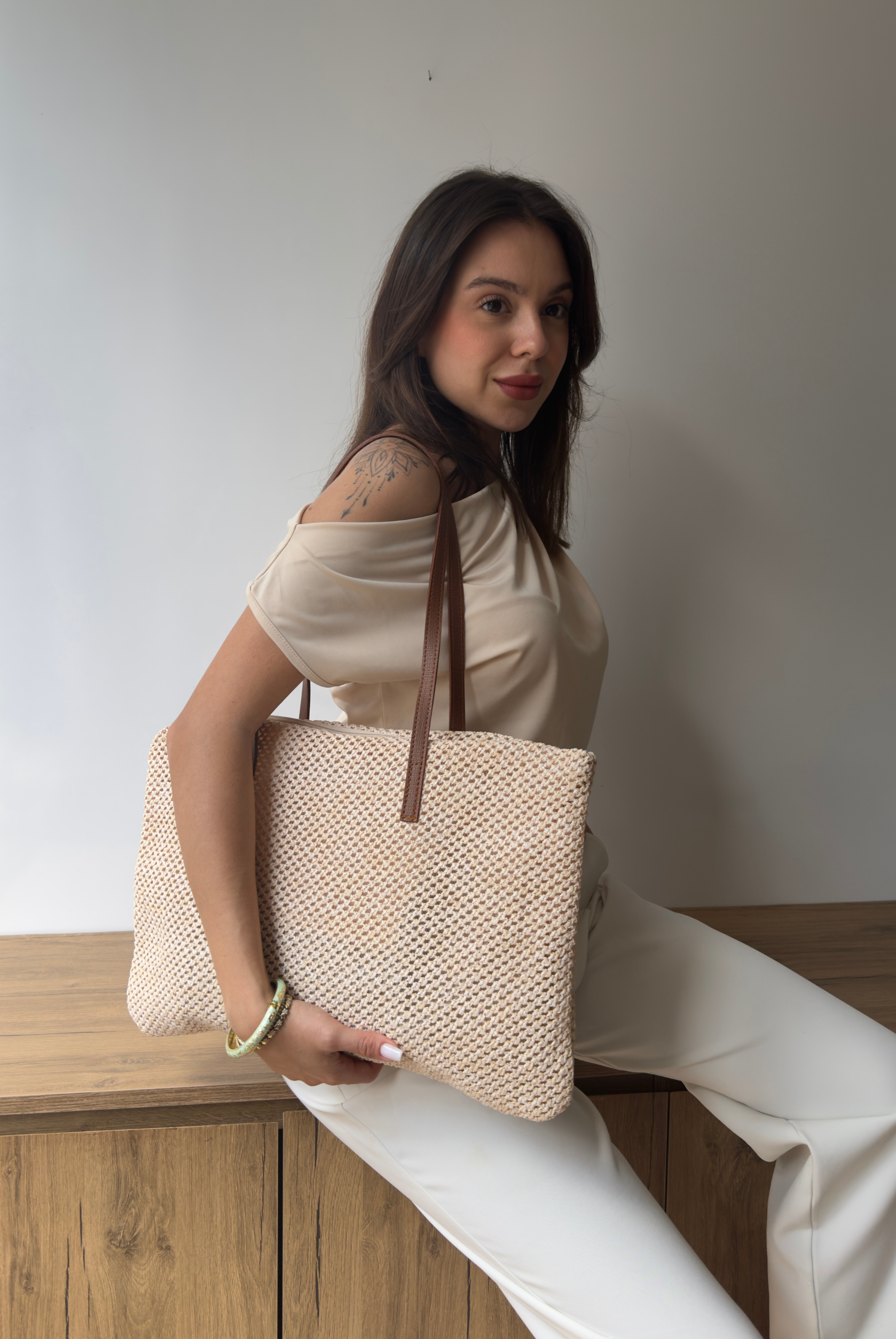 Kadın Hasır El ve Omuz Çantası BEJ HASIR