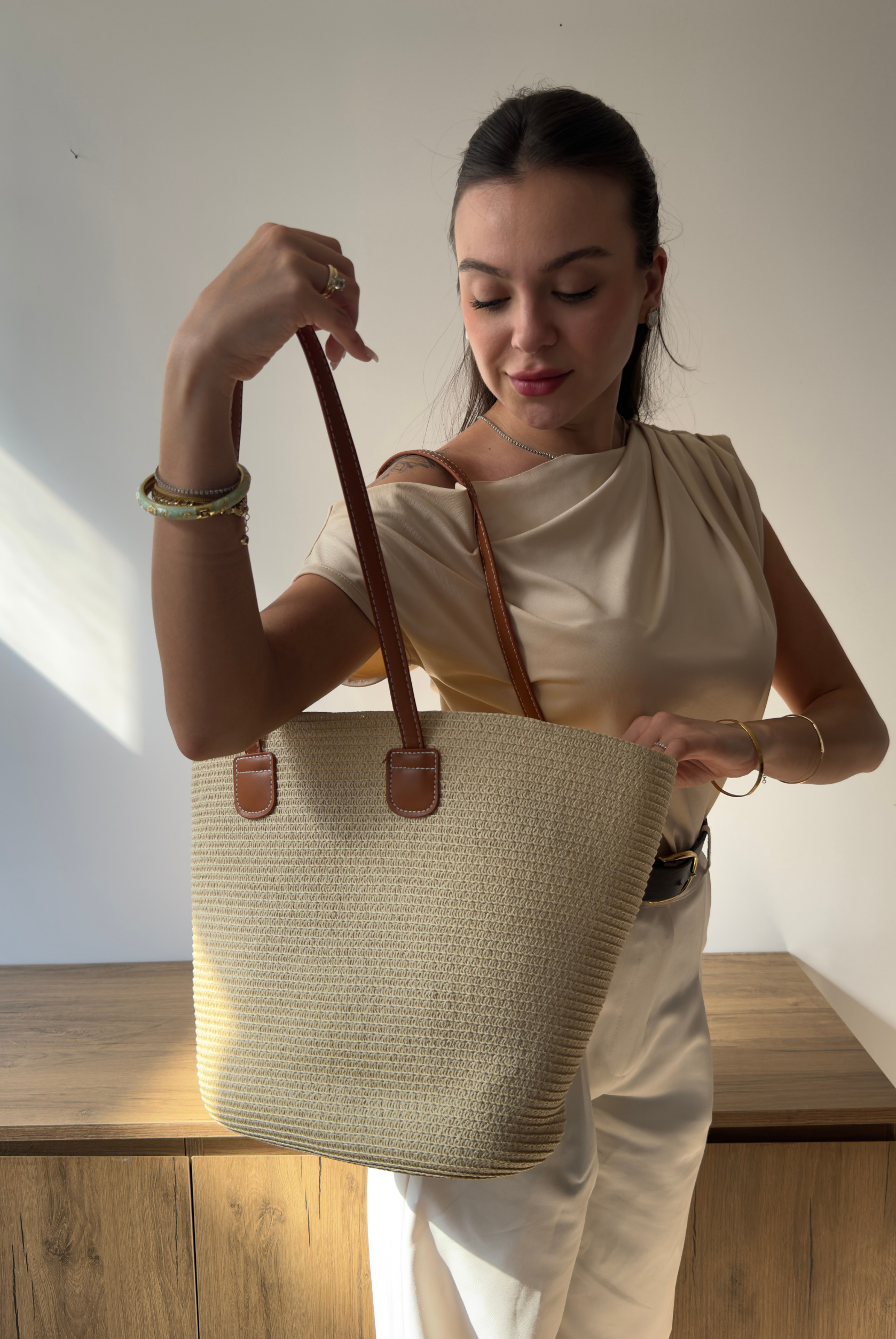 Kadın Hasır El ve Omuz Çantası BEJ HASIR